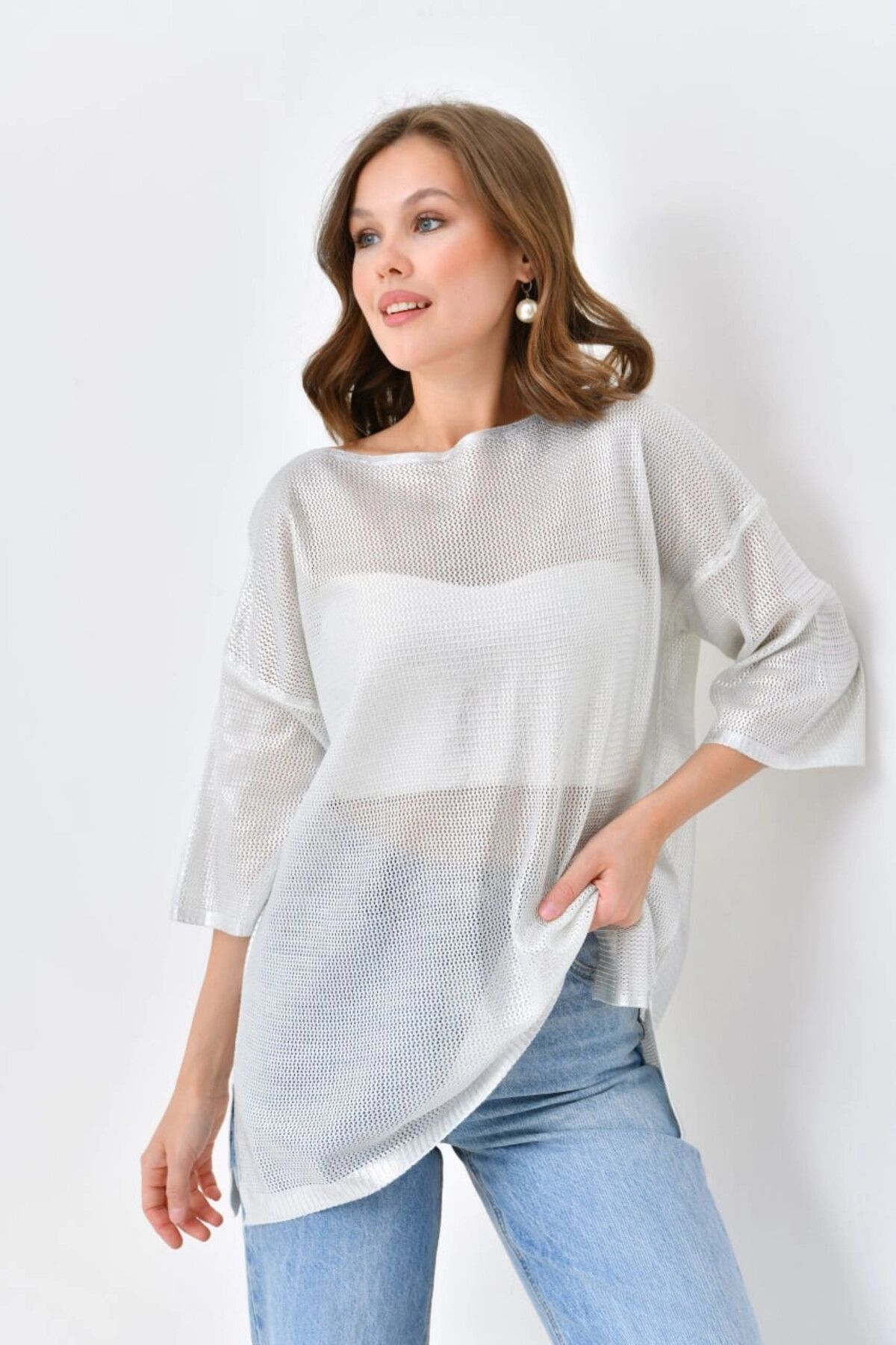 Lujiz 10763 KEMİK BİSİKLET YAKA KISA KOLLU DELİKLİ KAZAK