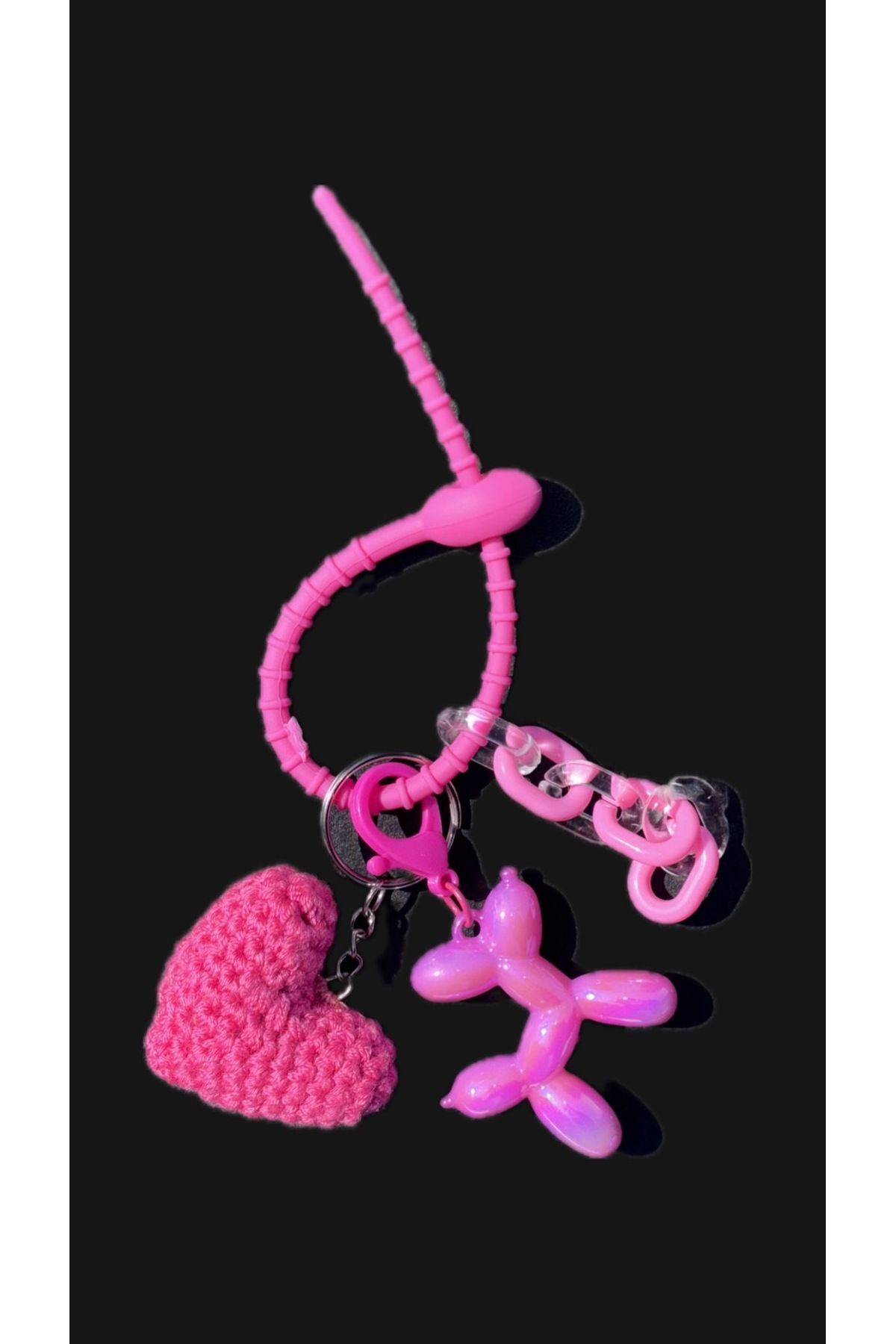 Omarder Deri Pembe örgü kalp, pembe balon köpekli çanta charmı