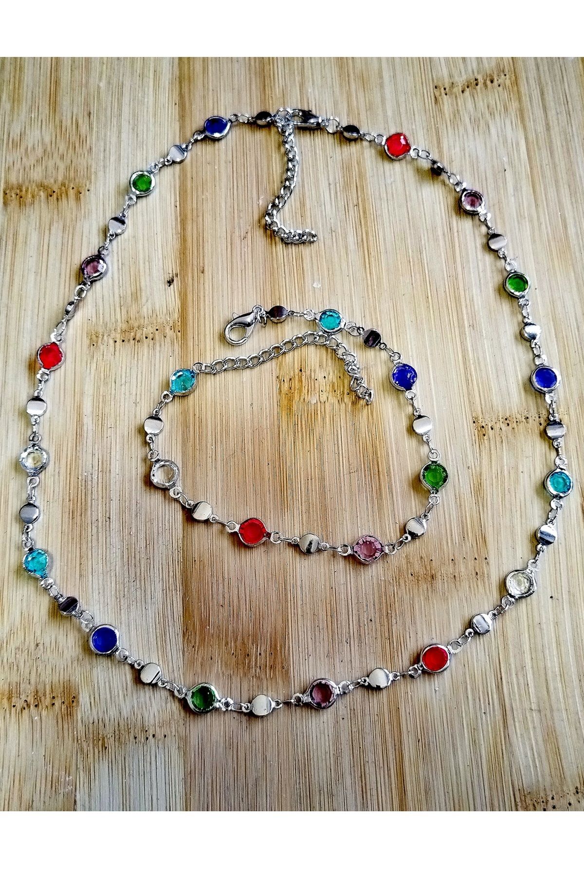 Ervanur Gümüş Kaplama Renkli Taşlı Kolye Bileklik Set