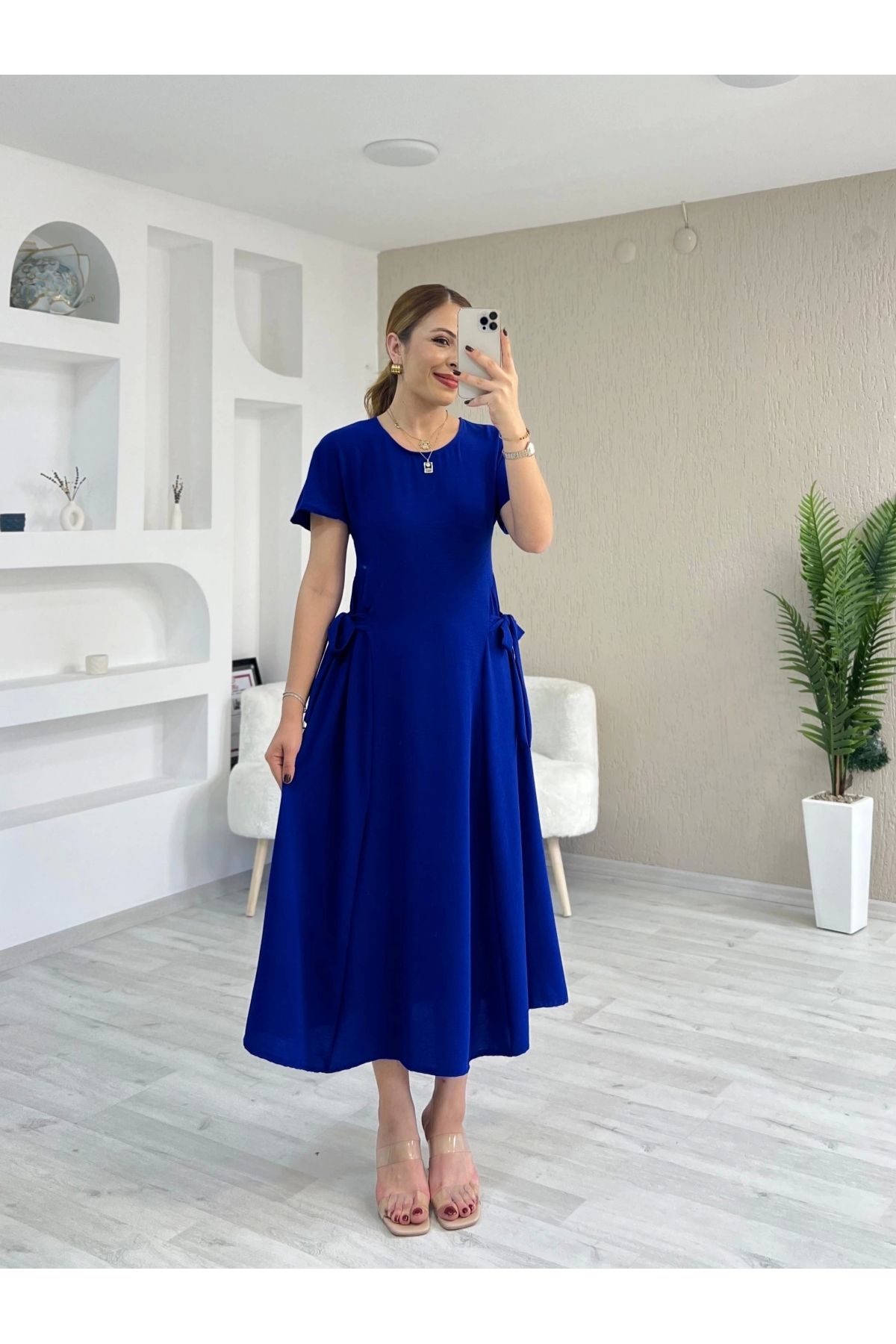 İrka Moda Yan Bağlama Detay Ayrobin Elbise Saks Mavi