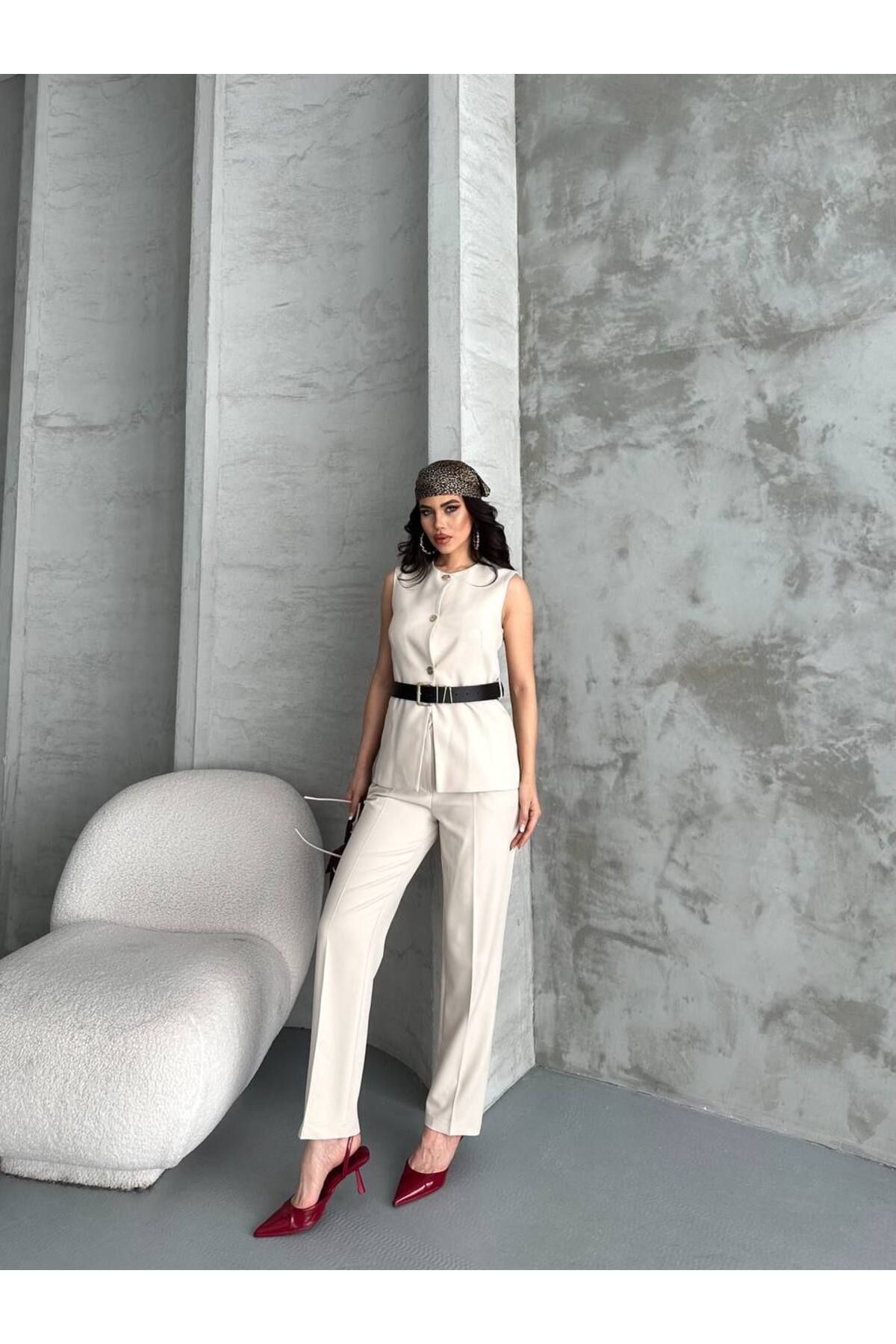BARG FASHION Kadın Kemerli Yelek Pantolon 2'Li Takım