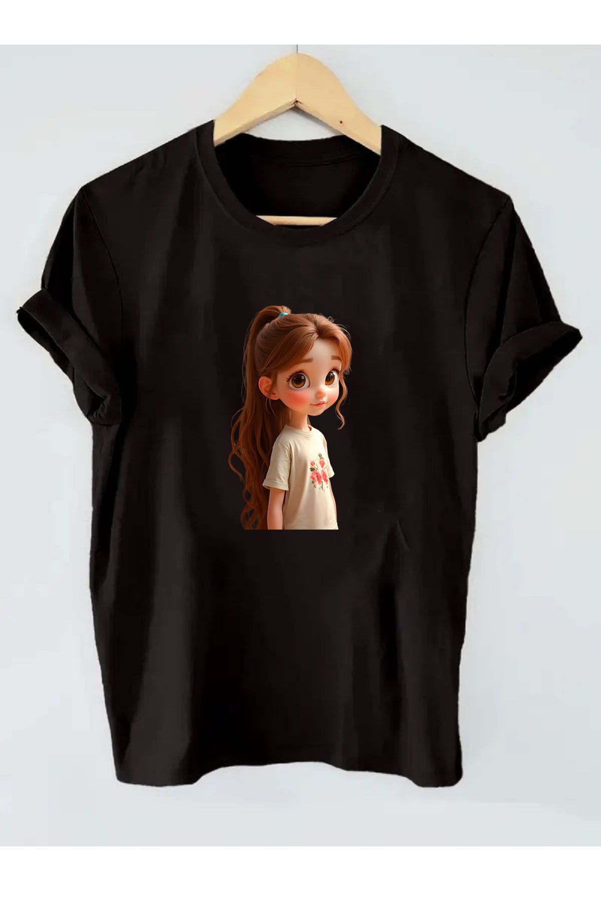makiteks Baskılı Kadın Unisex Oversize Bisiklet Yaka Baskılı T-shirt Siyah Tişört Cutegirl03
