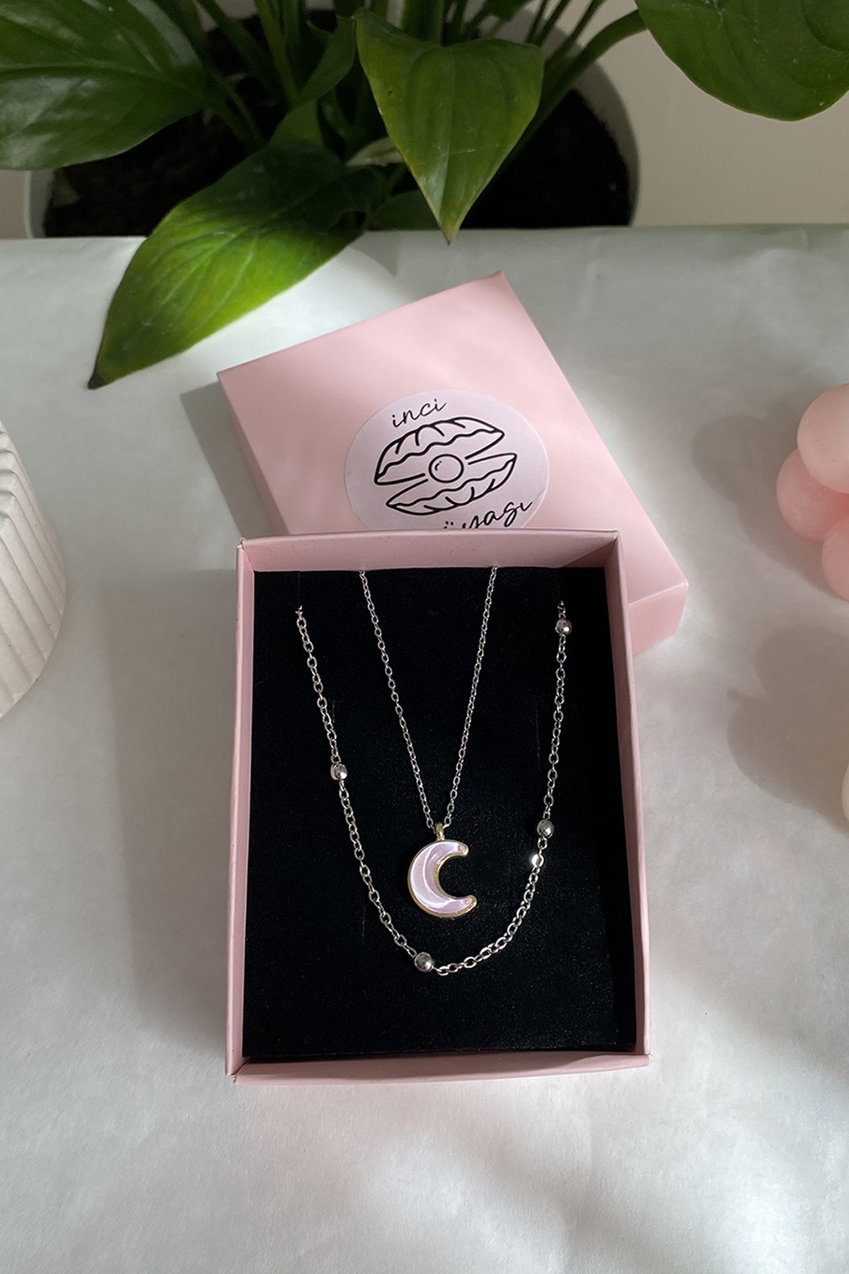 shop Ay Kabartmalı Gümüş Renk 2'li Çelik Kolye