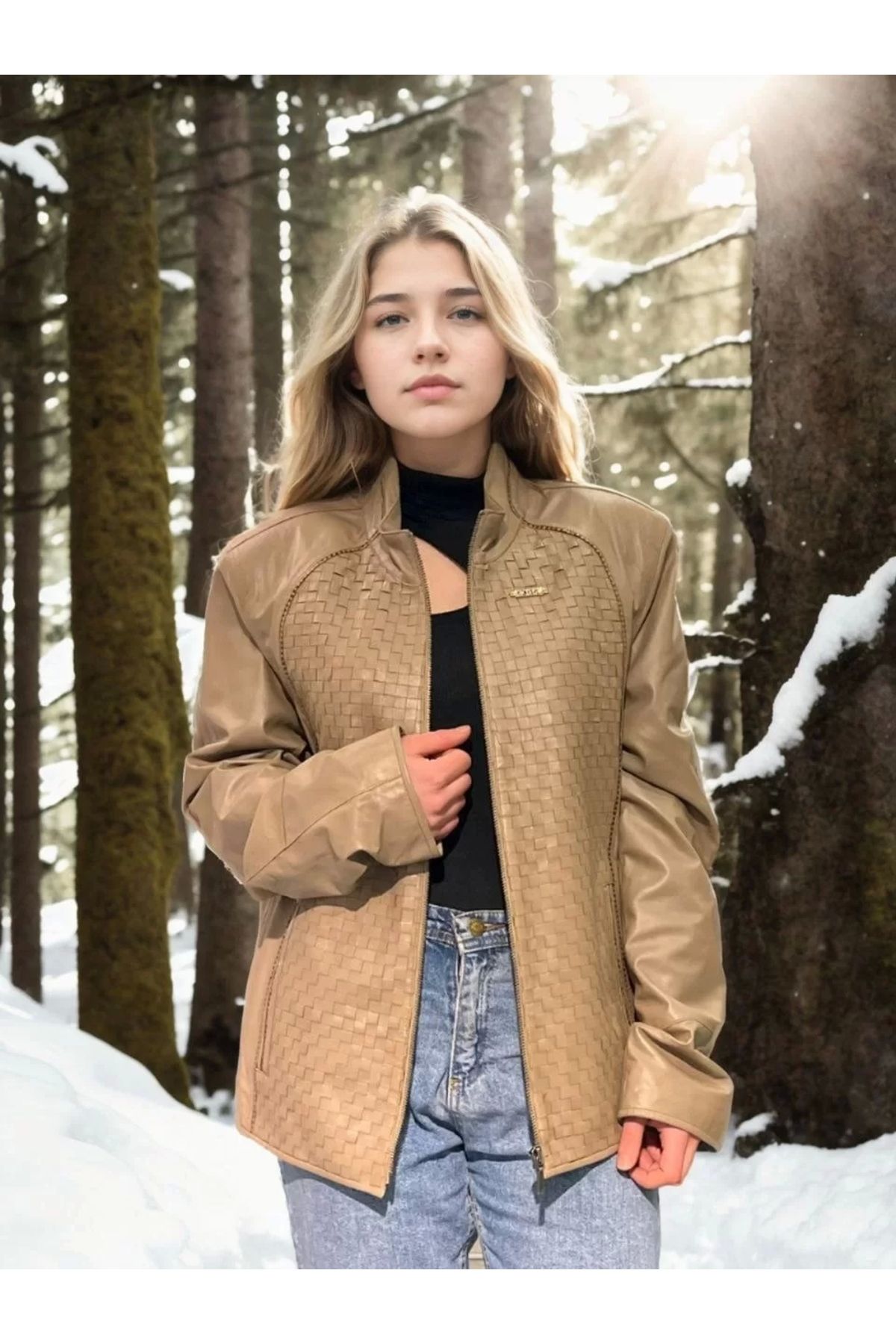 MODA Kadın Fileli Deri Ceket - Krem