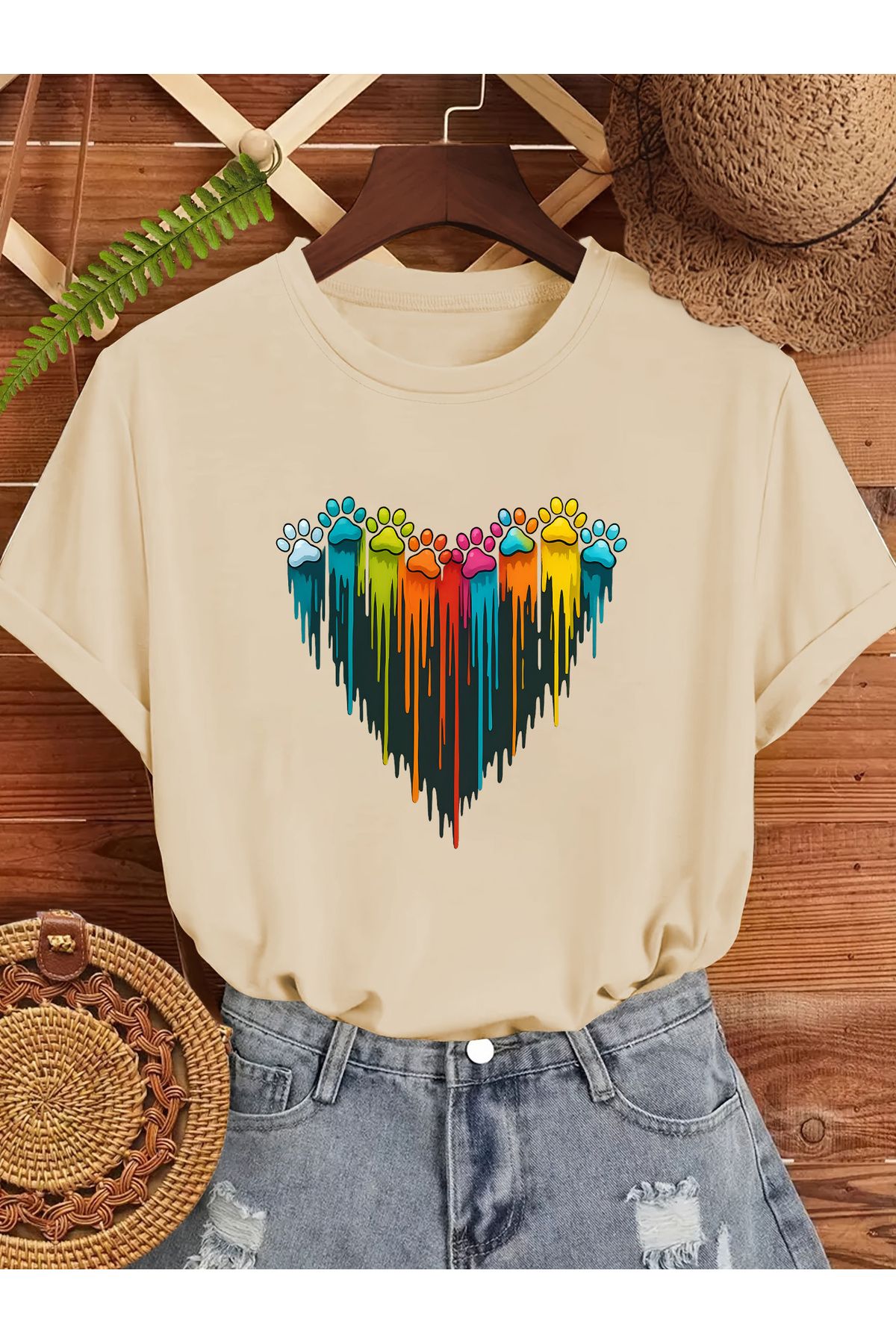 uyguntarz Unisex Sevimli Kedi Patili Kalp Tasarım Basklı Tshirt