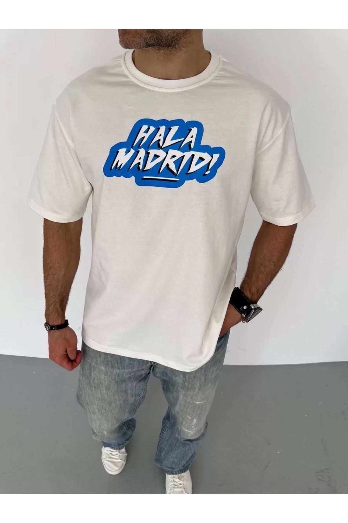 MODA Unisex Bisiklet Yaka Baskılı Oversize T-Shirt - Beyaz