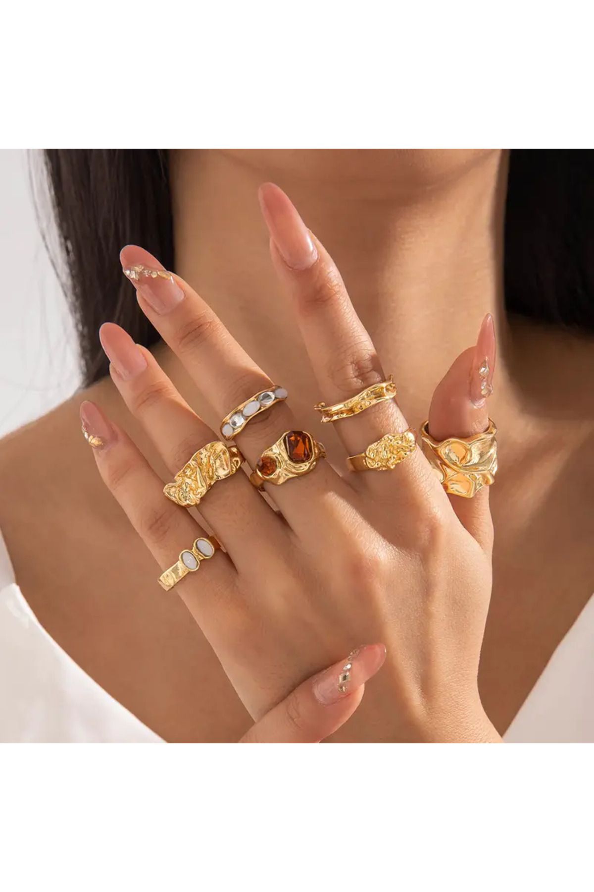 Takıtolia Rimelyn - 7 Adet Kristal Taşlı Düzensiz Geometrik Tasarım Vintage Çoklu Gold Altın Yüzük Seti