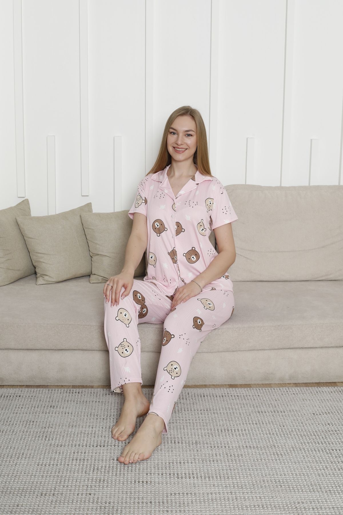 LORENS Kadın Pijama Takımı Pegasus Gömlek Yaka Ayıcık Desenli