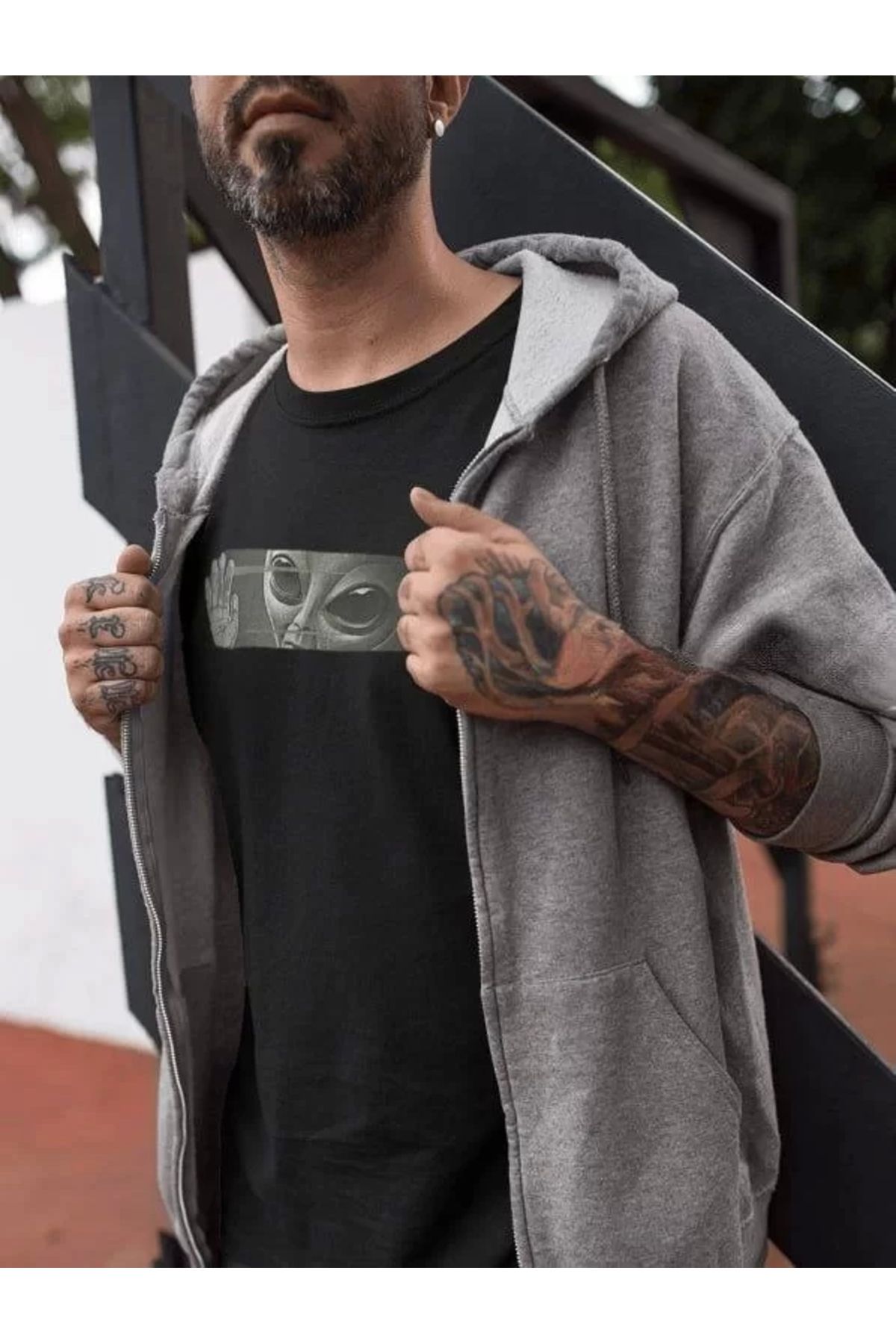MODA Unisex Bisiklet Yaka Baskılı Oversize T-Shirt - Siyah