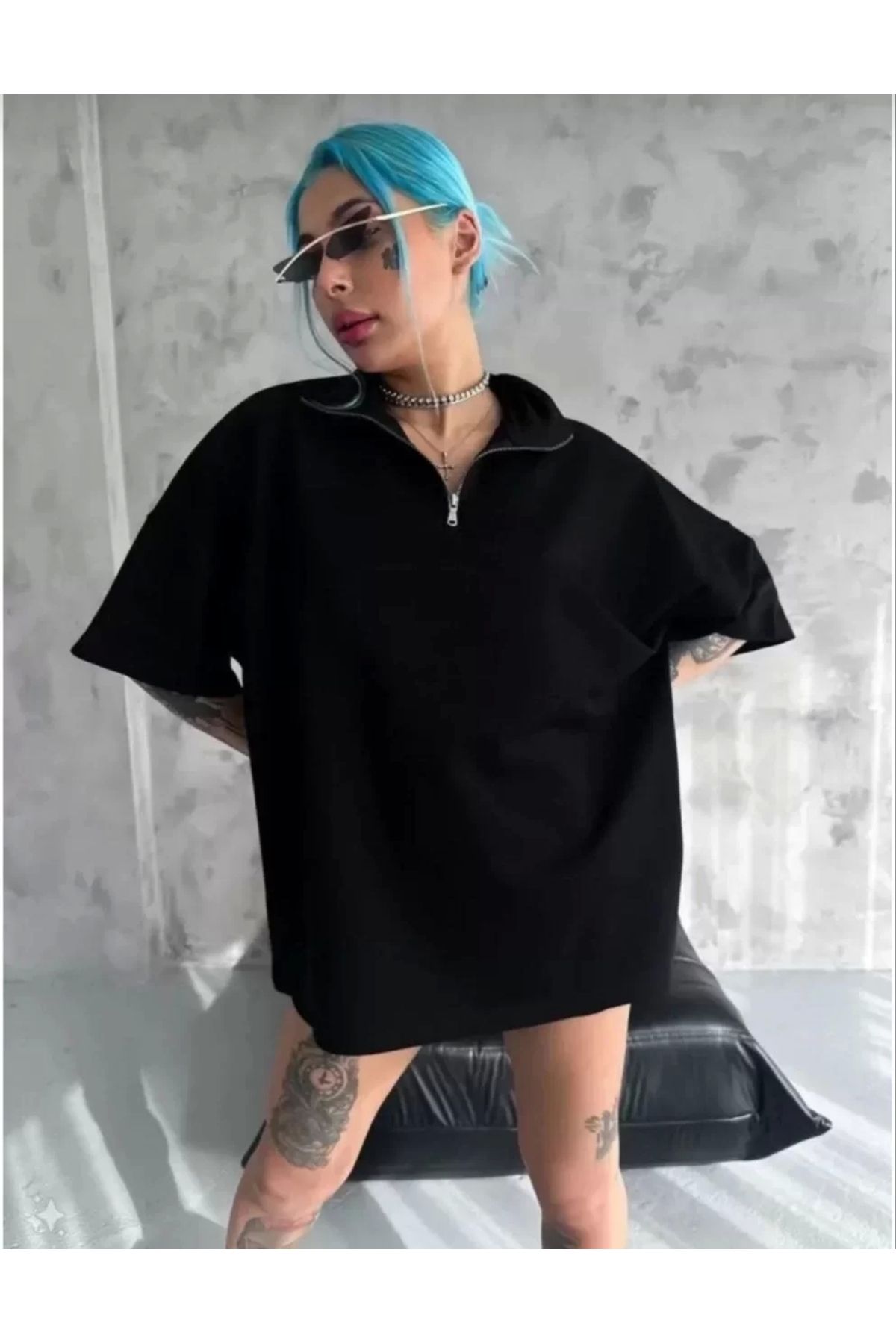 MODA Unisex Yarım Fermuarlı Düz Oversize T-Shirt - Siyah