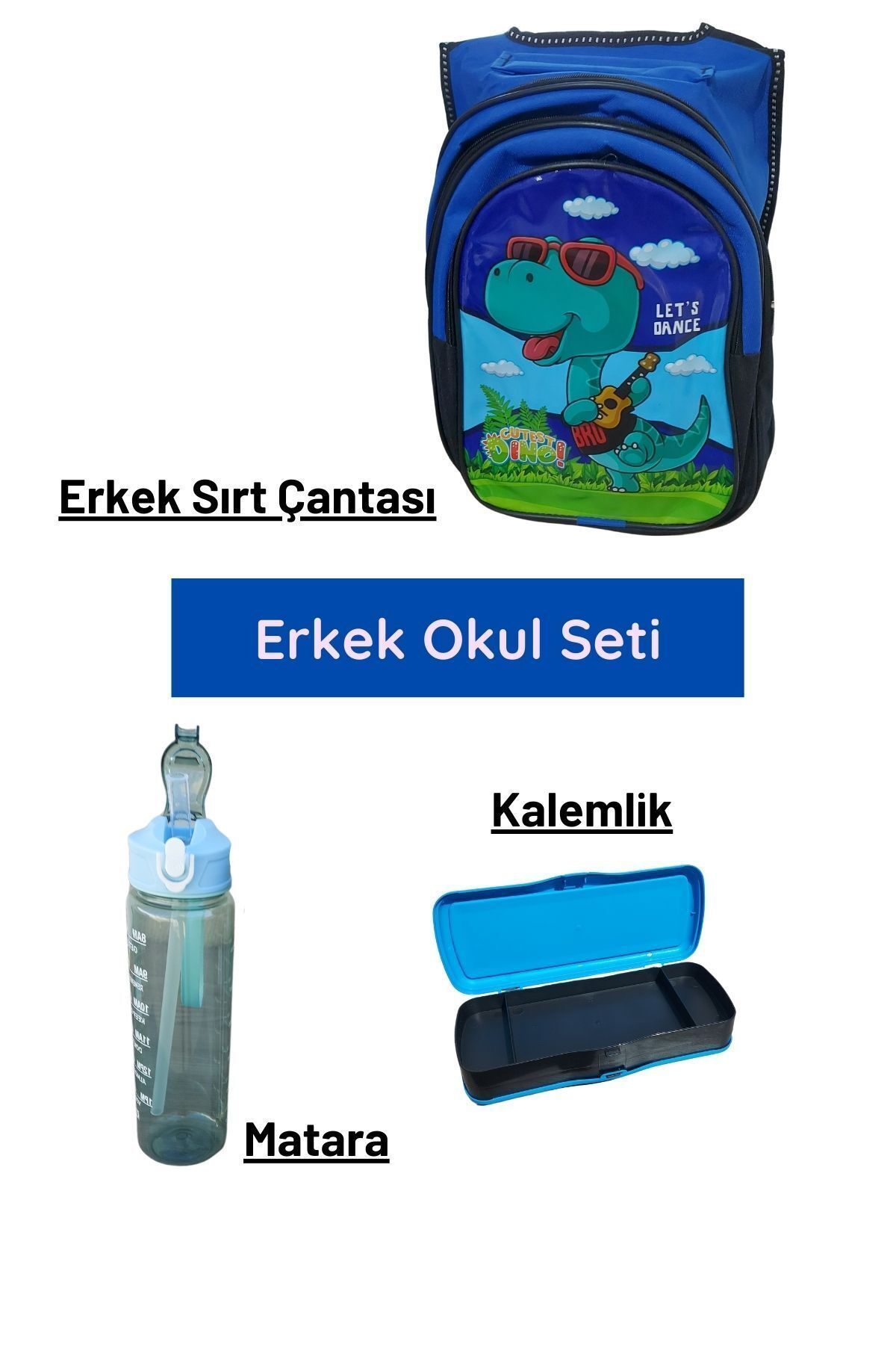 homeneeds Okul Seti ( Dino Okul Çantası - 3 Cepli, Pedli + 750ml Pipetli Sızdırmaz Suluk + Kalem Kutusu )
