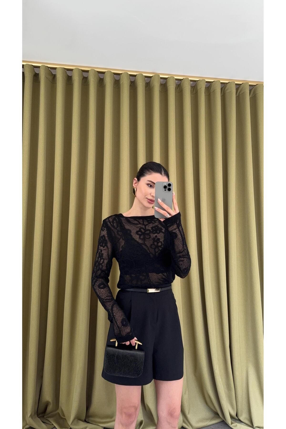 HAZELANNA Floral Dantel Transparan Siyah Bluz