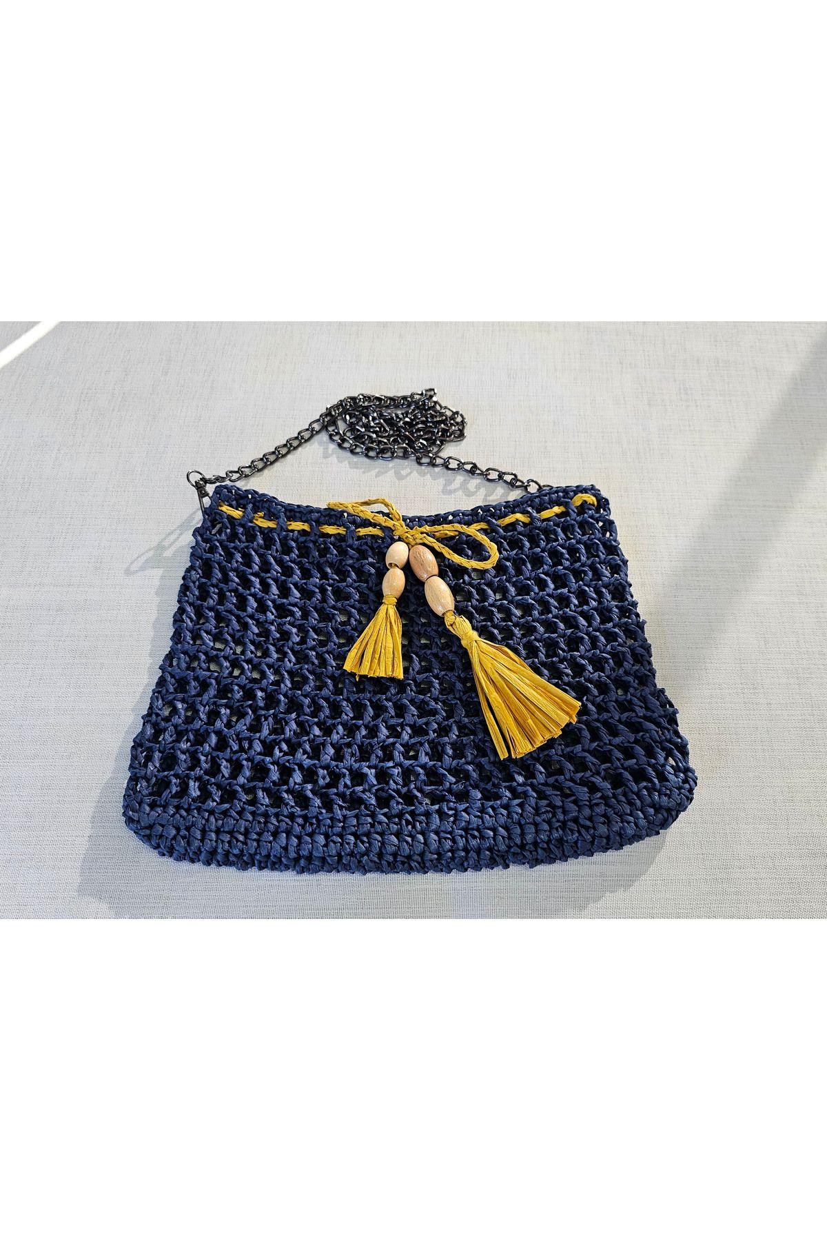 Kotans Kağıt İp Örgü Çanta Lacivert Renk Sarı Süslemeli Orta Boy - Metal Askılı Omuz Çantası 30 x 23 cm