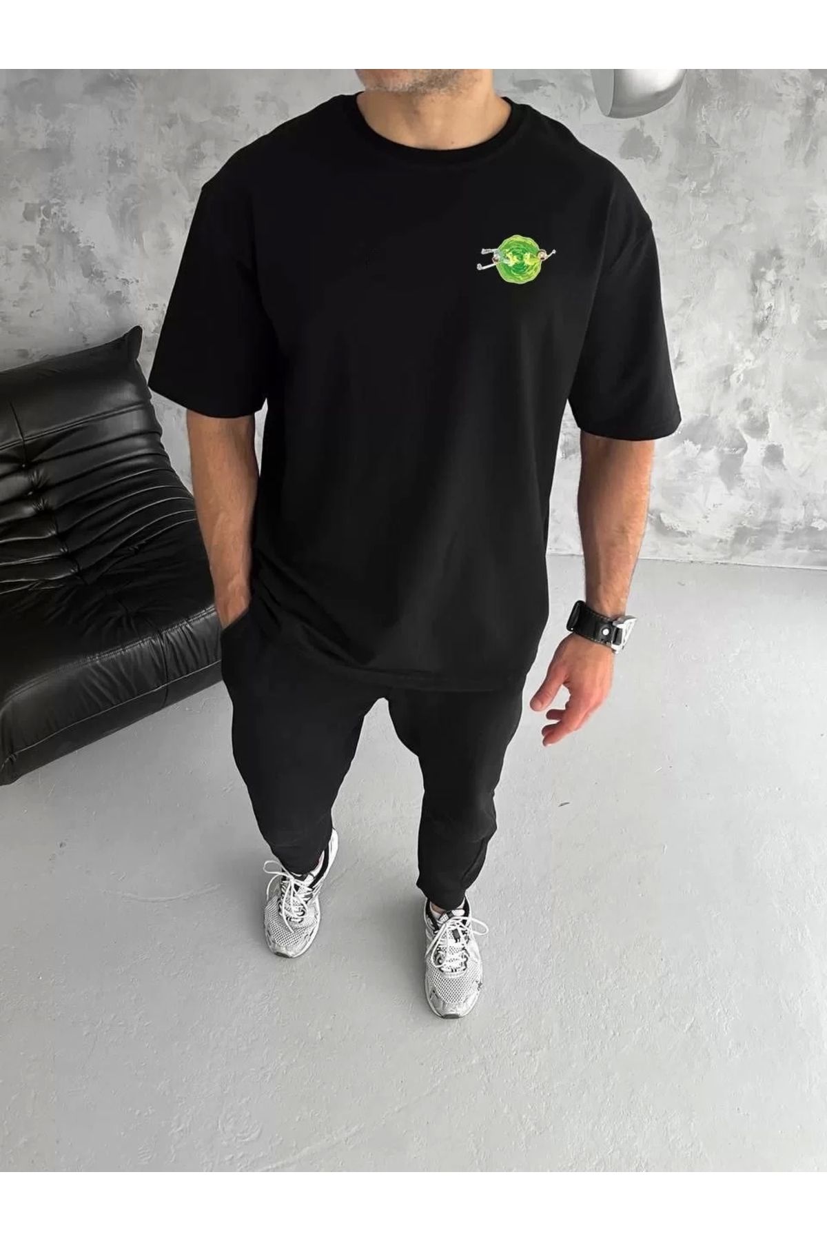 MODA Unisex Bisiklet Yaka Baskılı Oversize T-Shirt - Siyah