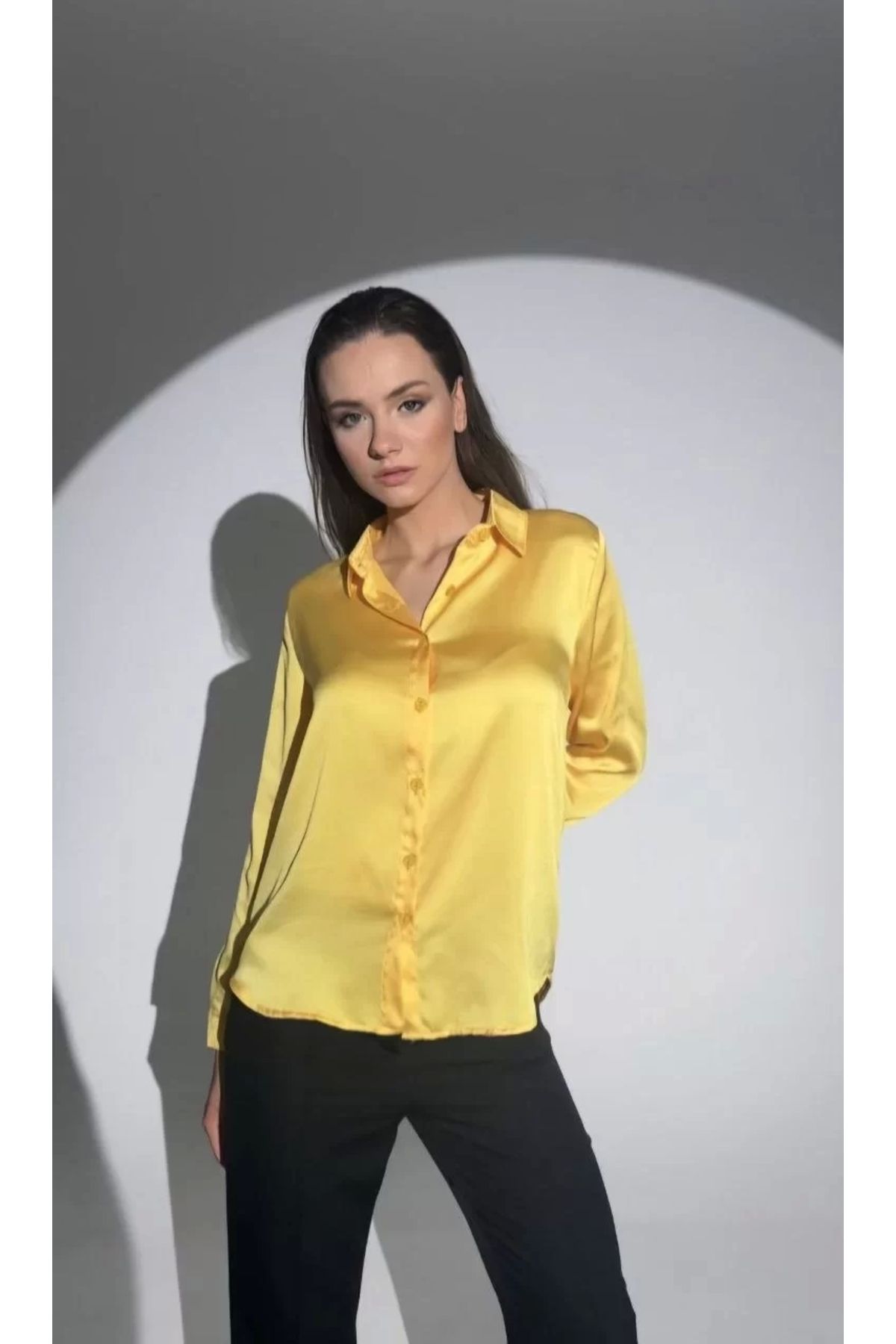 MODA Kadın Uzun Kollu Düğmeli Buluz Gömlek - Sarı