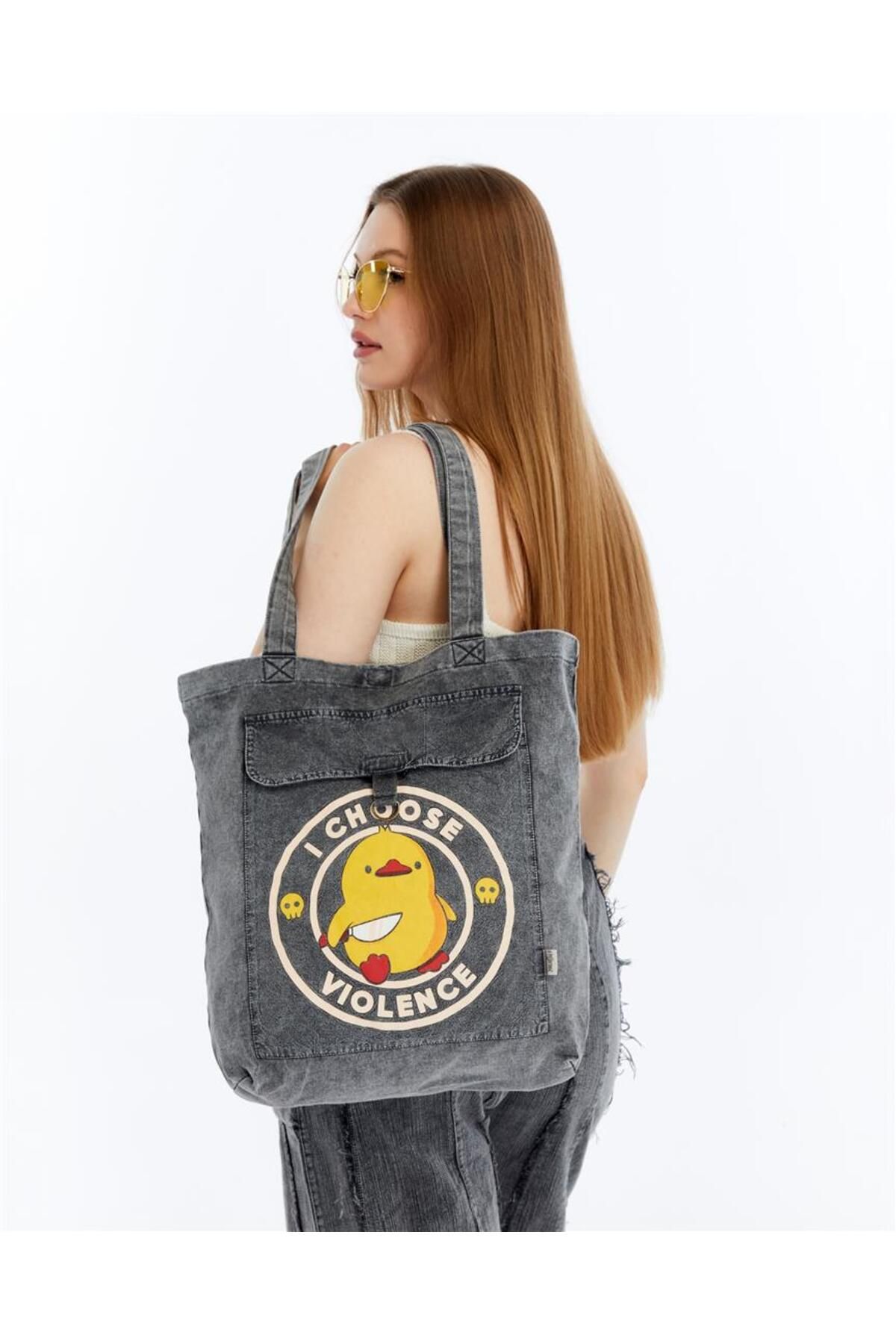 S-Ponder Belalı Civciv Baskılı %100 Pamuk Çıt Çıt Kapatmalı Tote Bag Bez Kol Ve Omuz Çantası