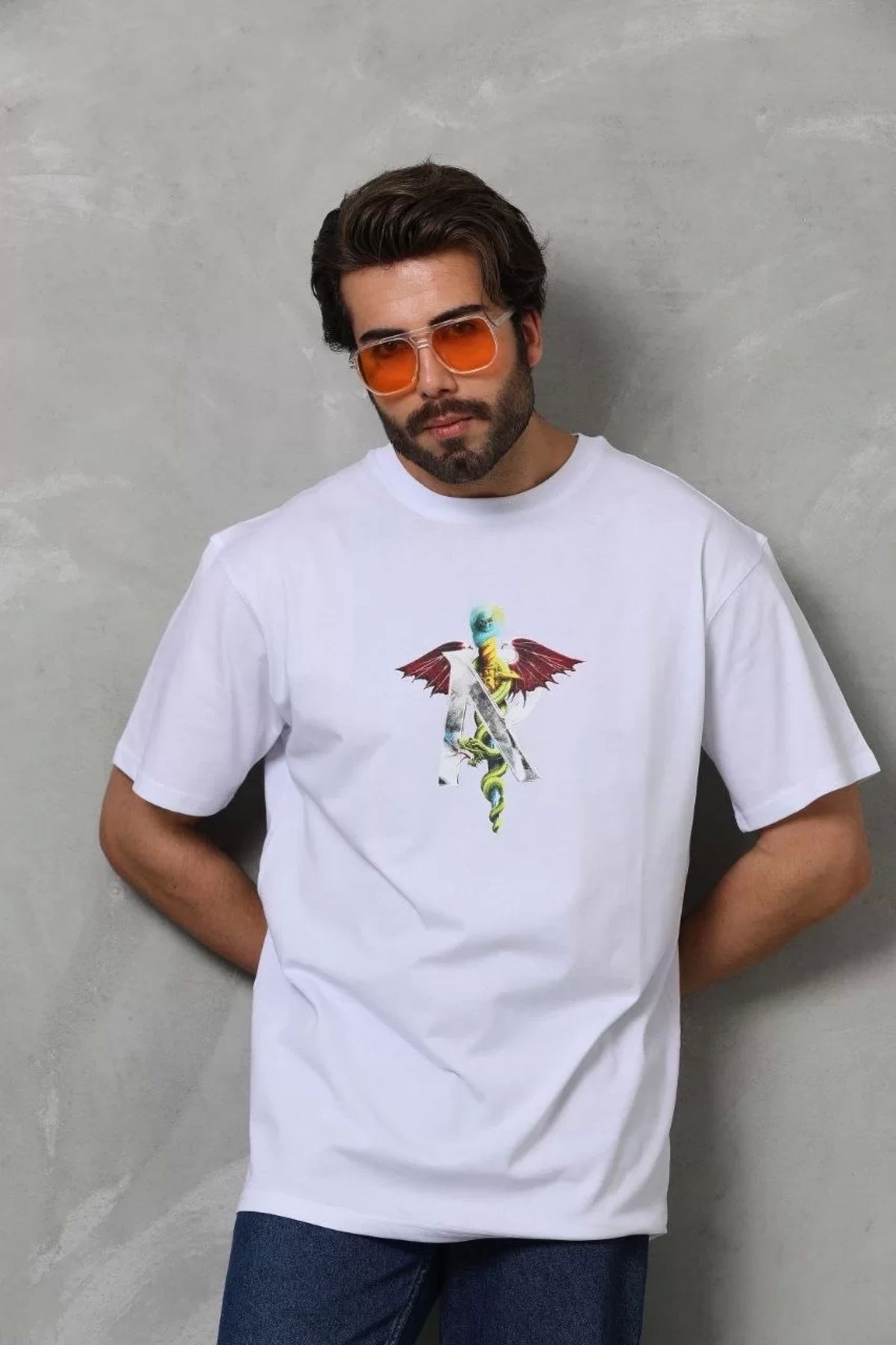 MODA Unisex Bisiklet Yaka Baskılı Oversize T-Shirt - Beyaz