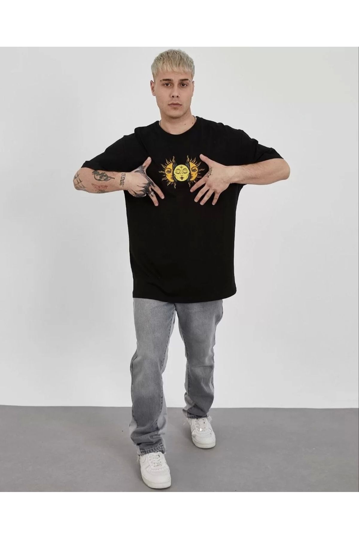 MODA Unisex Bisiklet Yaka Baskılı Oversize T-Shirt - Siyah