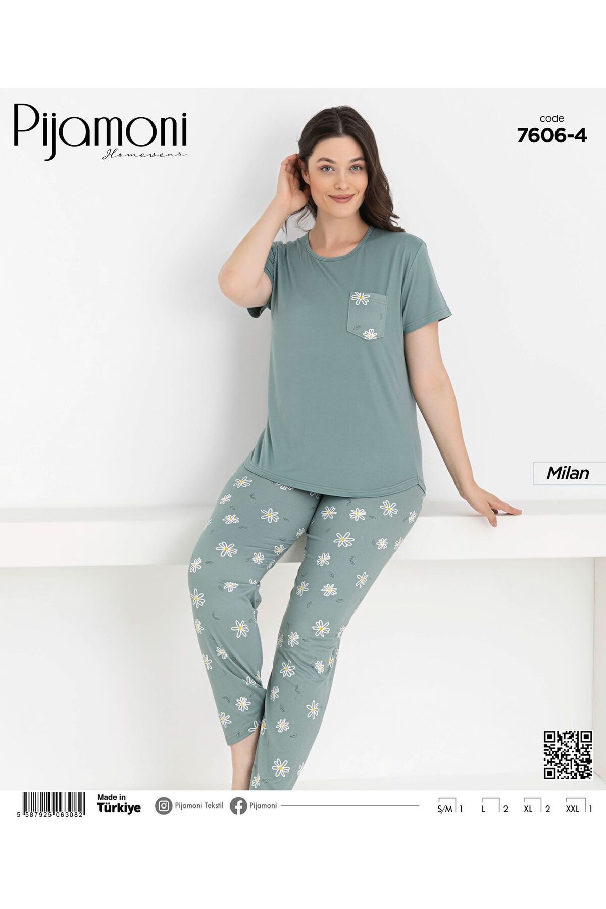 Pijamoni Bambu Milan Kumaş Yeşil Renkli Sıfır Yaka Kısa Kollu Kadın Pijama Takımı