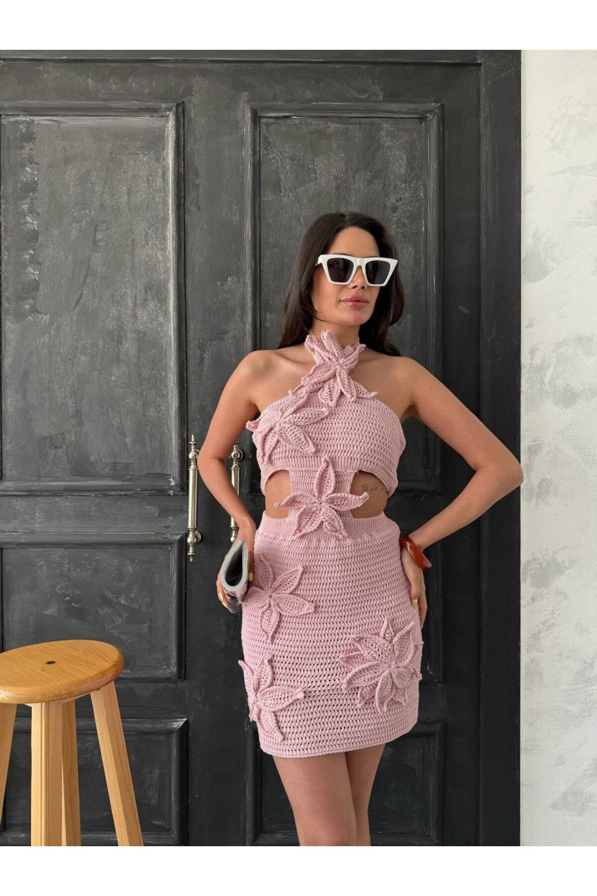Lusin Kadın Pembe Astarlı Deniz Yıldızı Desenli Örgü Elbise