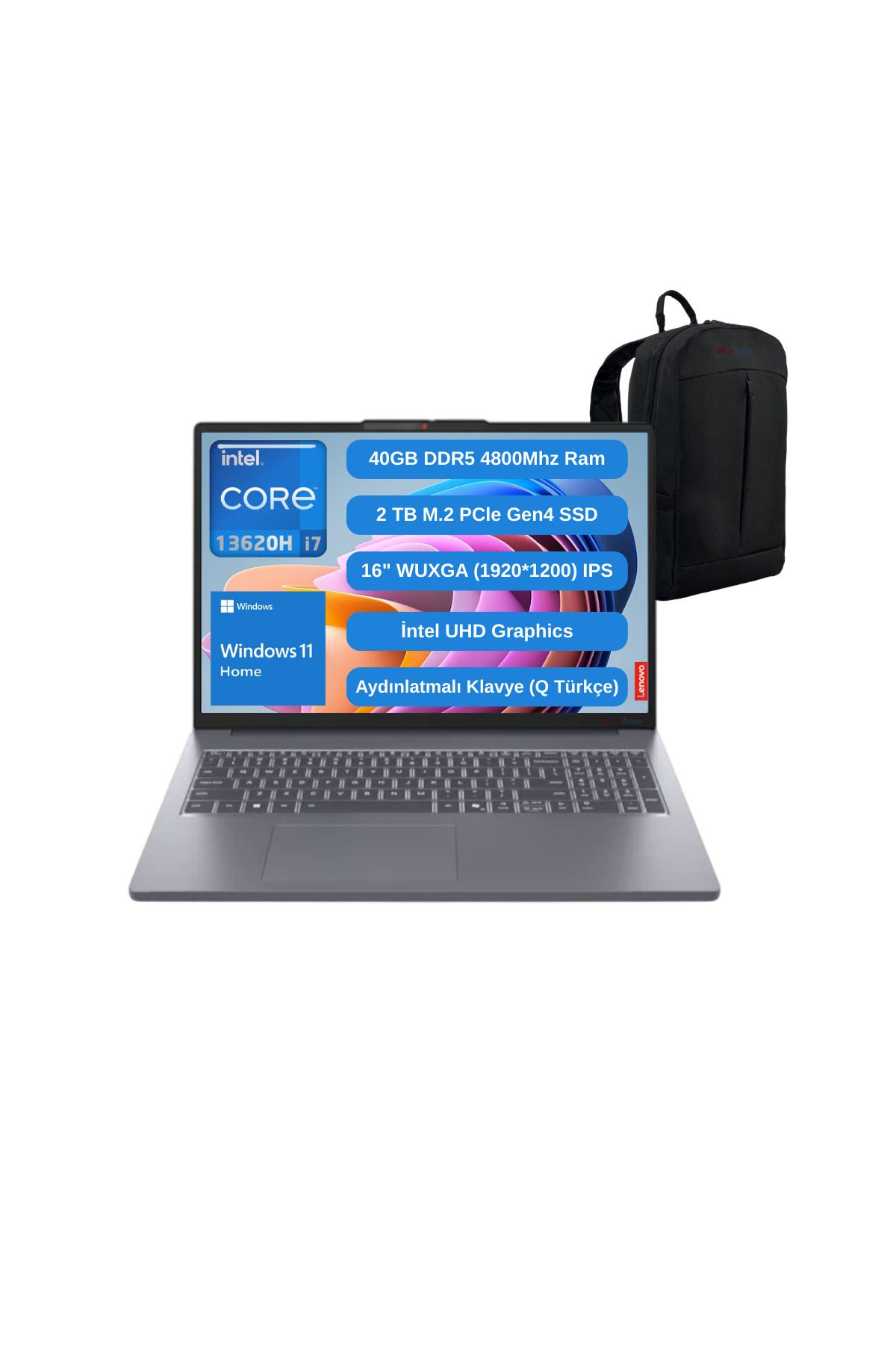 LENOVO IP Slim 3 16IRH10 İ7 13620H 40GB 2TB SSD 16" Fhd W11 Laptop 83K2001VTR - Webzone Çanta Wz6