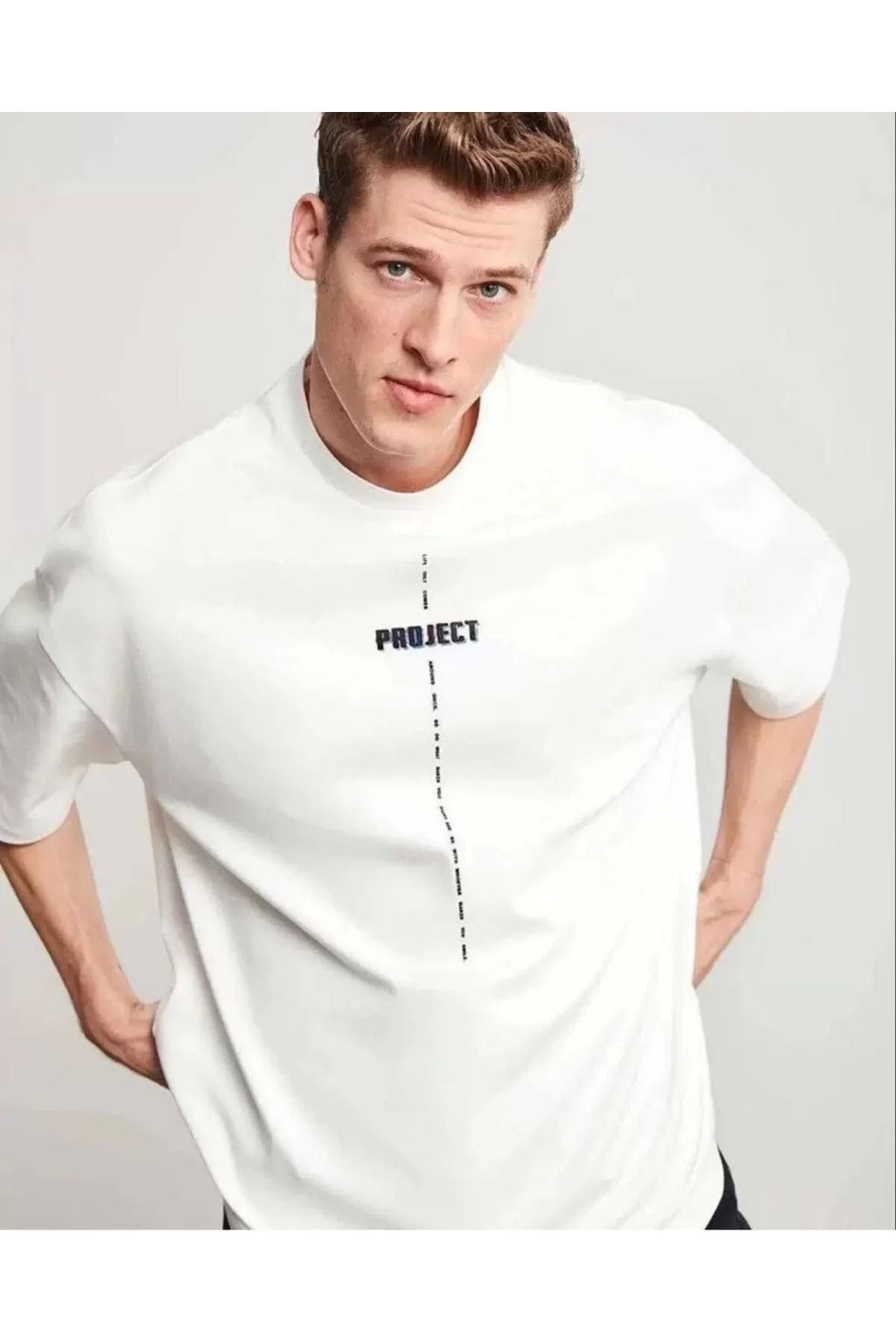 MODA Unisex Bisiklet Yaka Baskılı Oversize T-Shirt - Beyaz
