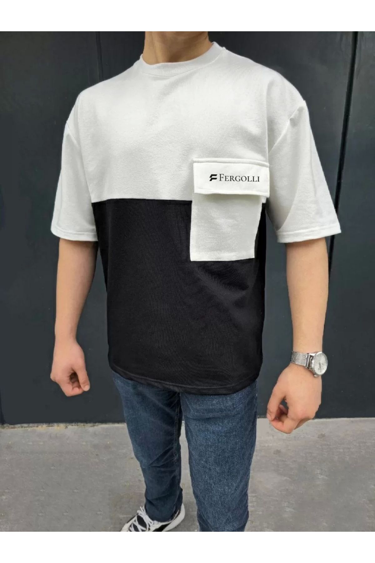 MODA Unisex Torba Cep Detaylı Parçalı T-Shirt - Siyah