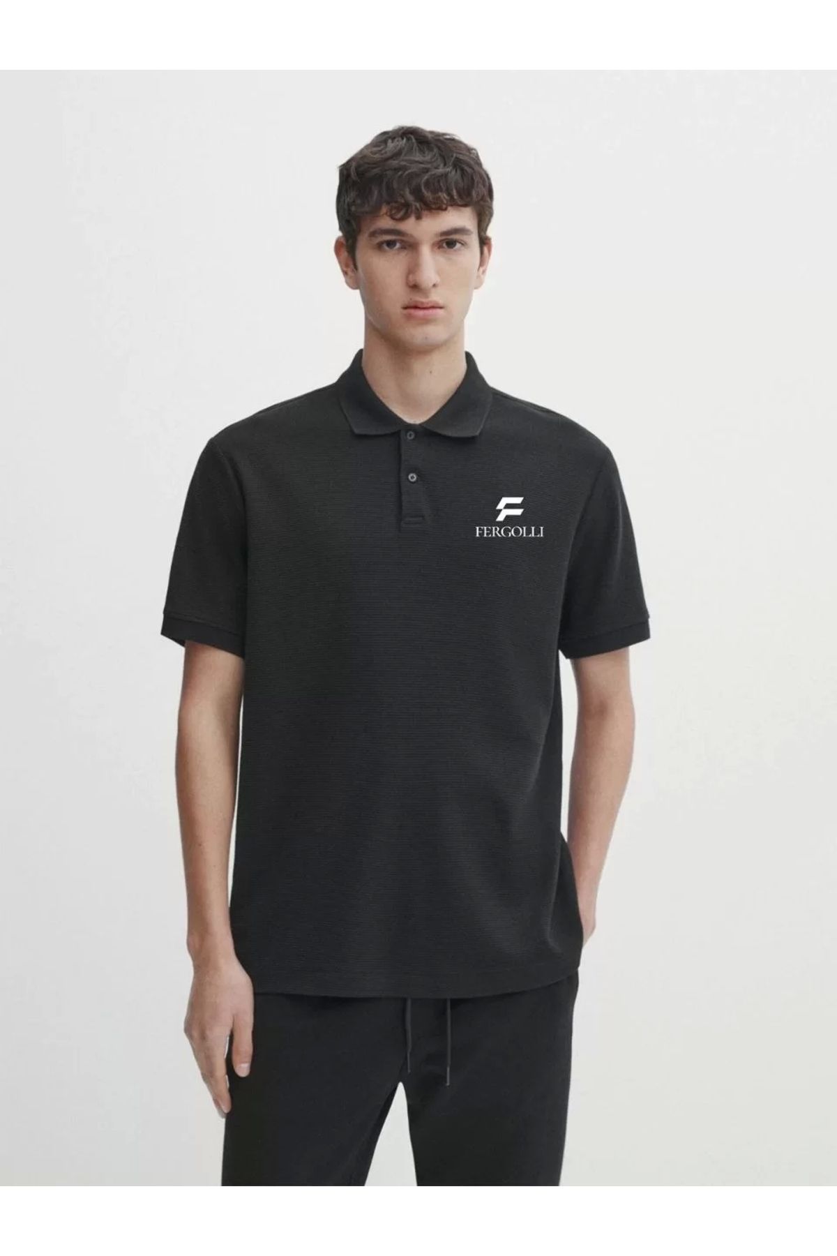 MODA Yakası Düğmeli Yakalı Pike Baskılı T-Shirt - Beyaz
