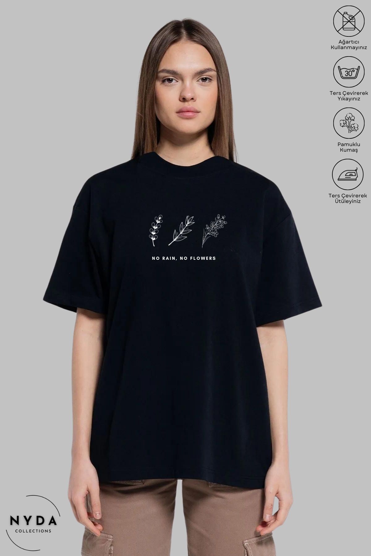 Nyda Collections Kadın Bisiklet Yaka Minimal Çiçek Baskılı Pamuk Oversize Kısa Kollu Tişört
