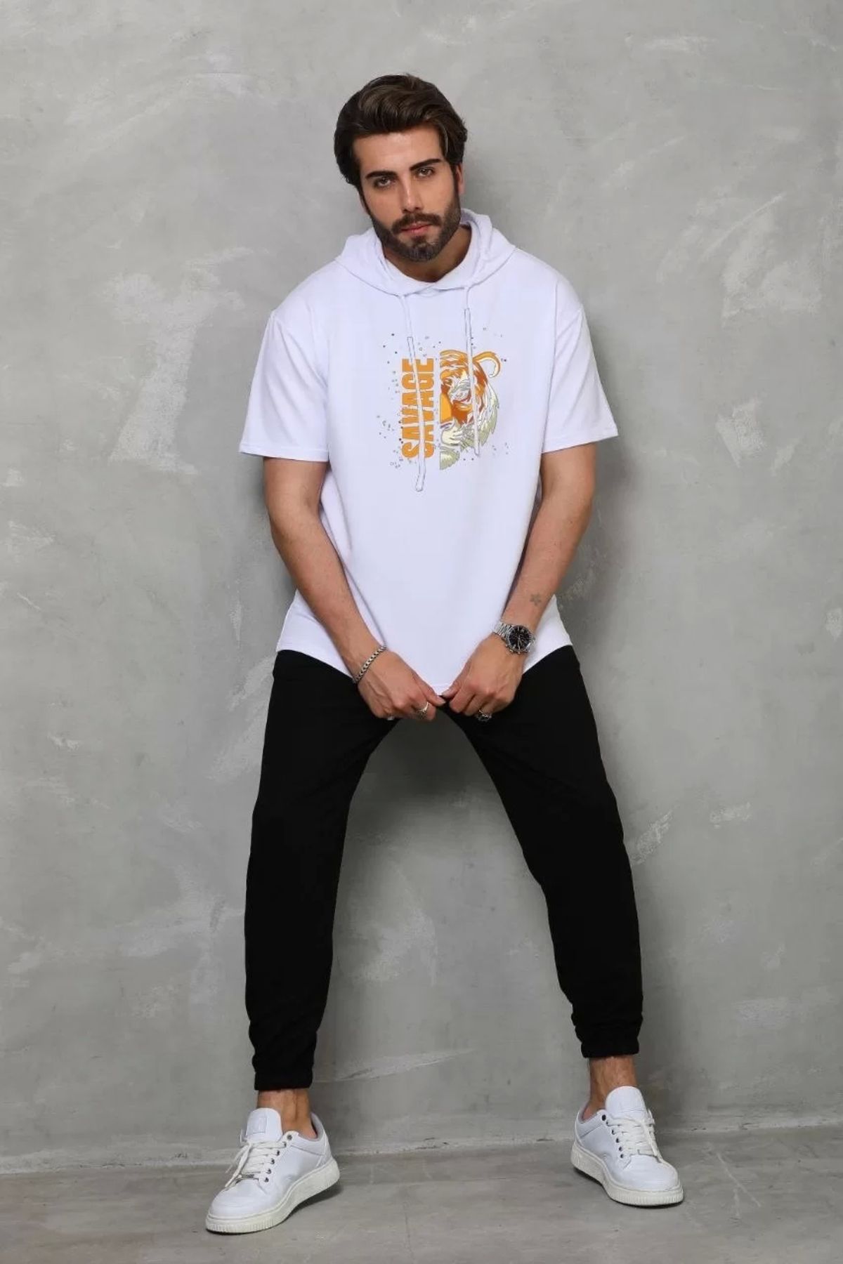 MODA Unisex Kapşonlu Kısa Kol Oversize Baskılı T-Shirt - Beyaz