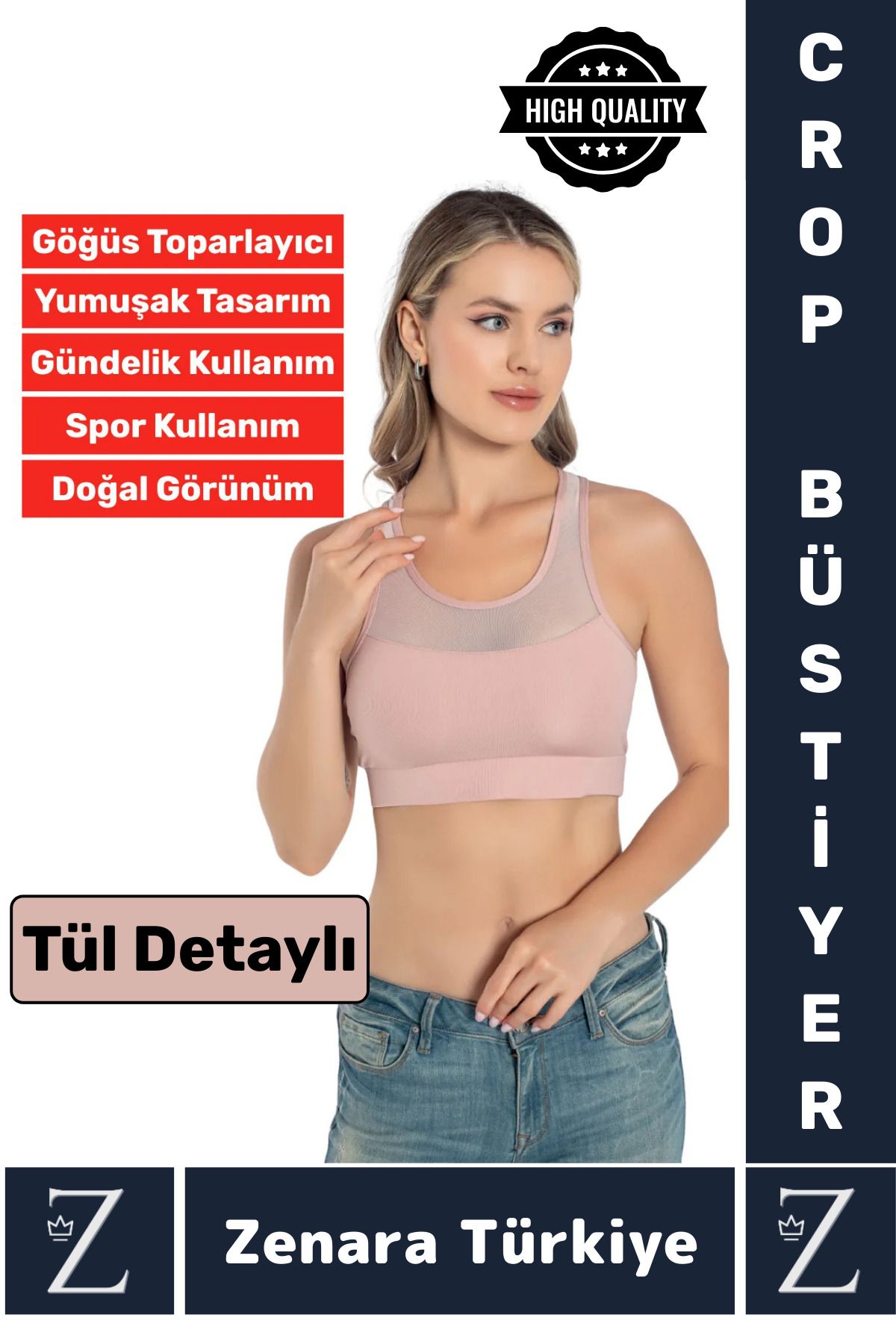 Zenara Yüksek Kalite Göğüs Toparlayıcı Sarkma Önleyen Spor Gündelik Kullanım Tül Detaylı Şık Crop Büstiyer