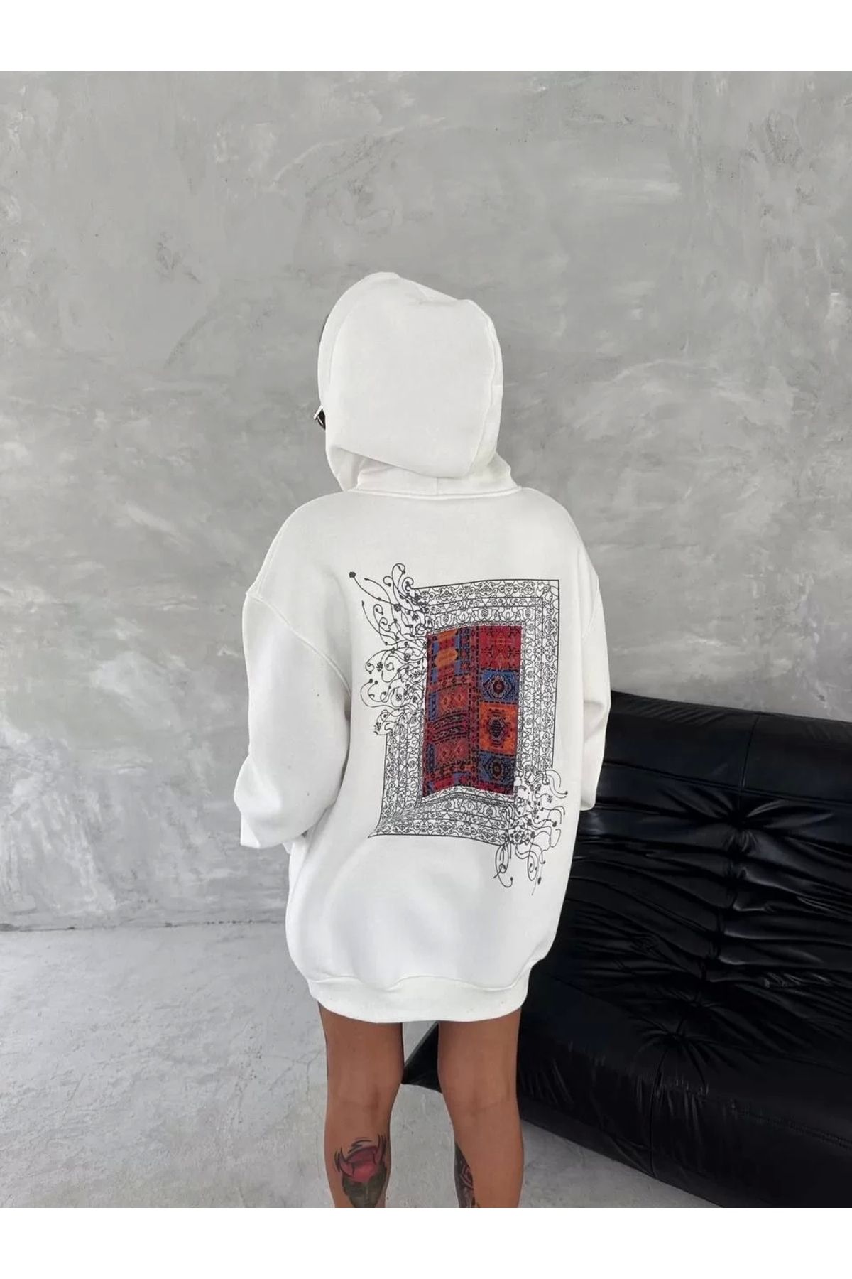 MODA Uzun Kol Kapşonlu Ön Ve Arka Baskılı SweatShirt - Beyaz
