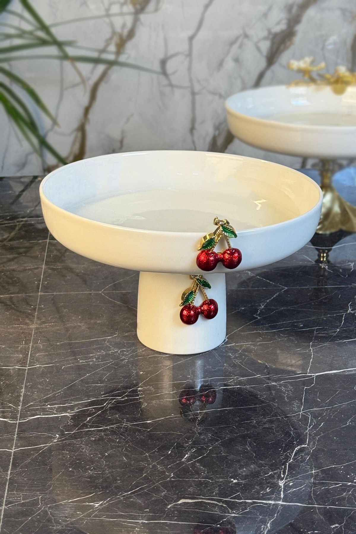 MAY HOME Porselen Ayaklı Kiraz Detaylı Kase & Salata Meyve Sunumluk Kase