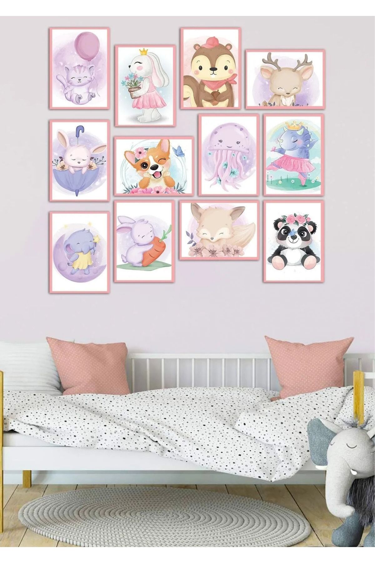 NT Handmade 12 Parça Kız Çocuk Odası Duvar Dekoru - Salon Oturma Yatak Çocuk Odası için Tablo Seti