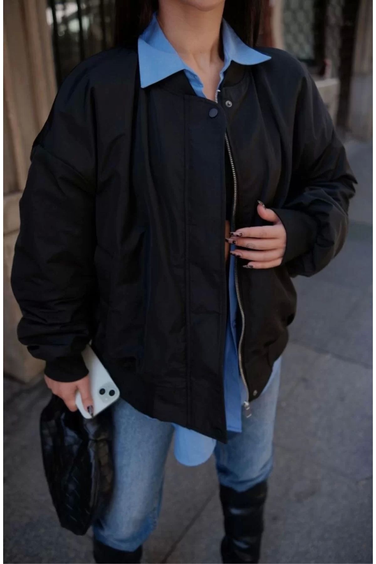 MODA Cepli Bomber Ceket Mont - Siyah