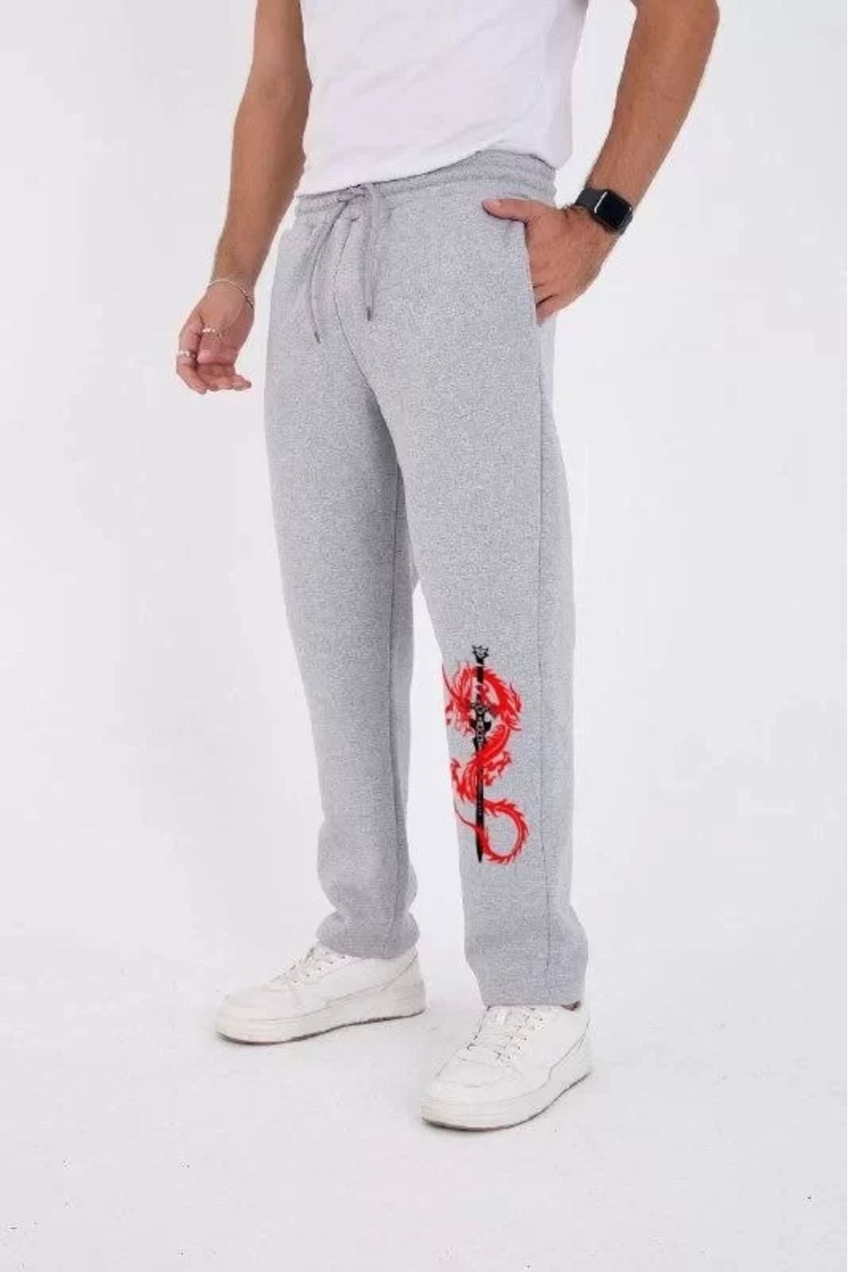 MODA Kışlık Üç İplik Baskılı Eşofman Pantolon - Gri