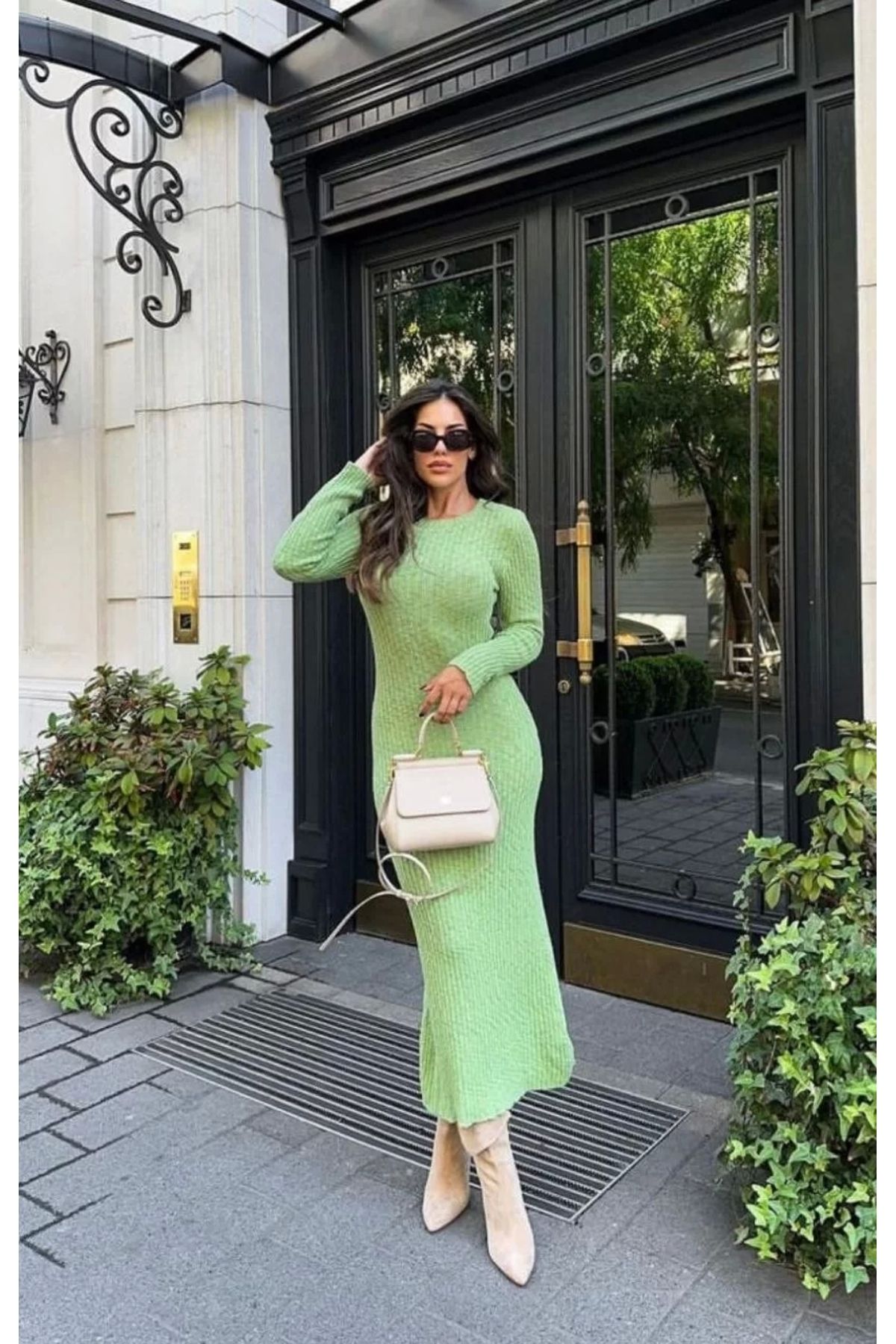 MODA Bisiklet Yaka Fitilli Uzun Elbise -Açık Yeşil