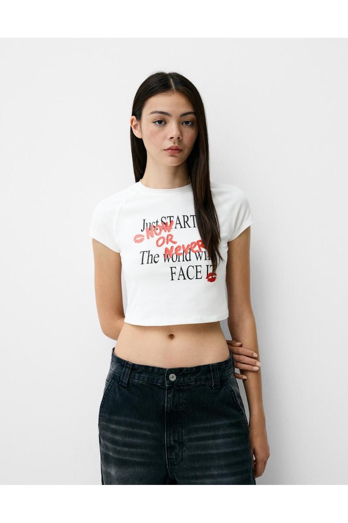 bysedaortac Baskılı reglan kısa kollu crop tişört