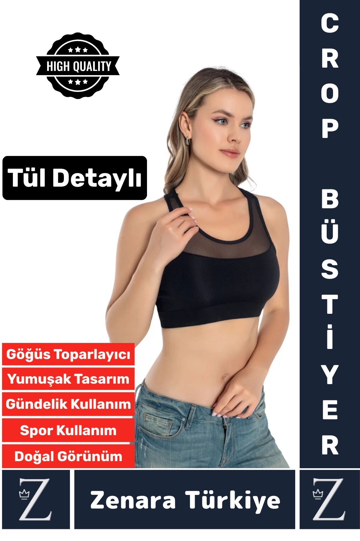 Zenara Yüksek Kalite Göğüs Toparlayıcı Sarkma Önleyen Spor Gündelik Kullanım Tül Detaylı Şık Crop Büstiyer