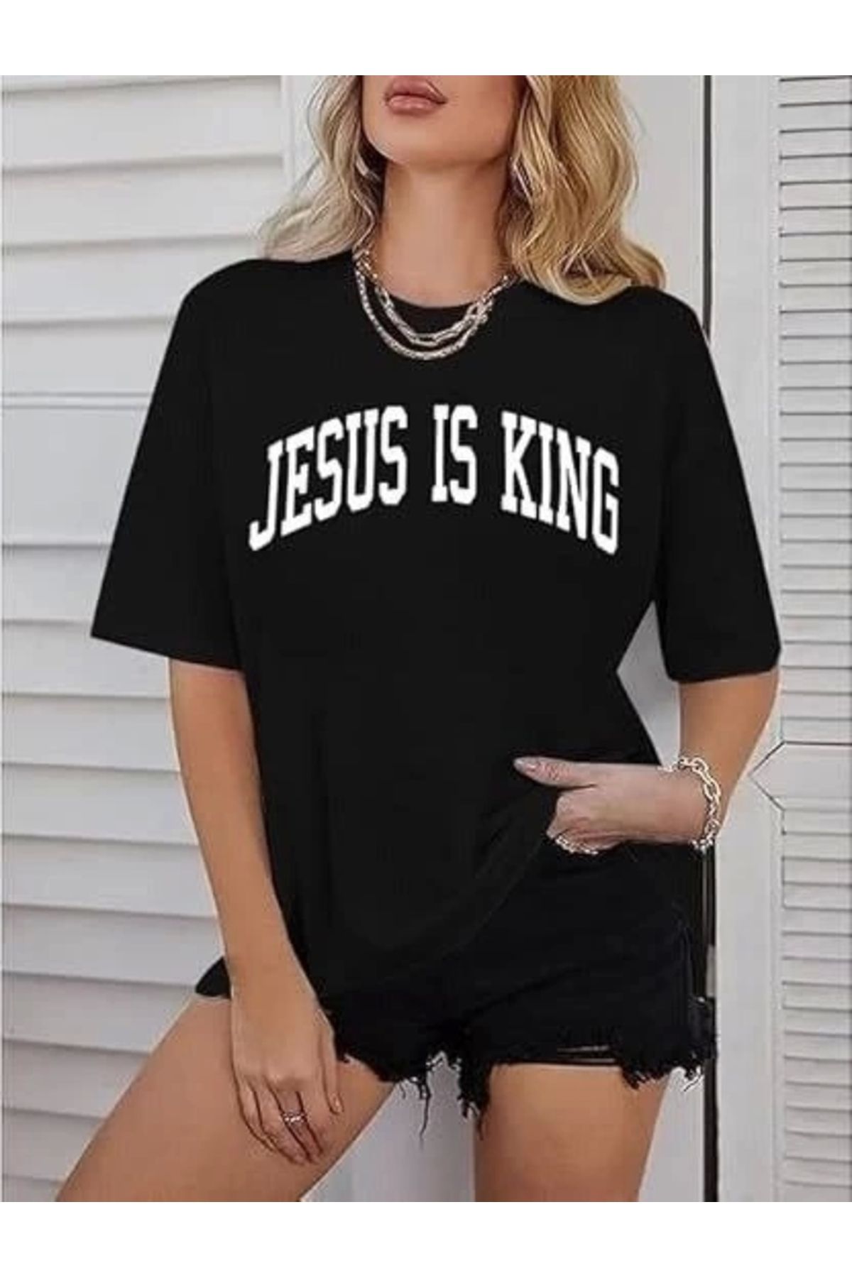 MODA Kadın Bisiklet Yaka Kısa Kol Baskılı T-shirt - Siyah