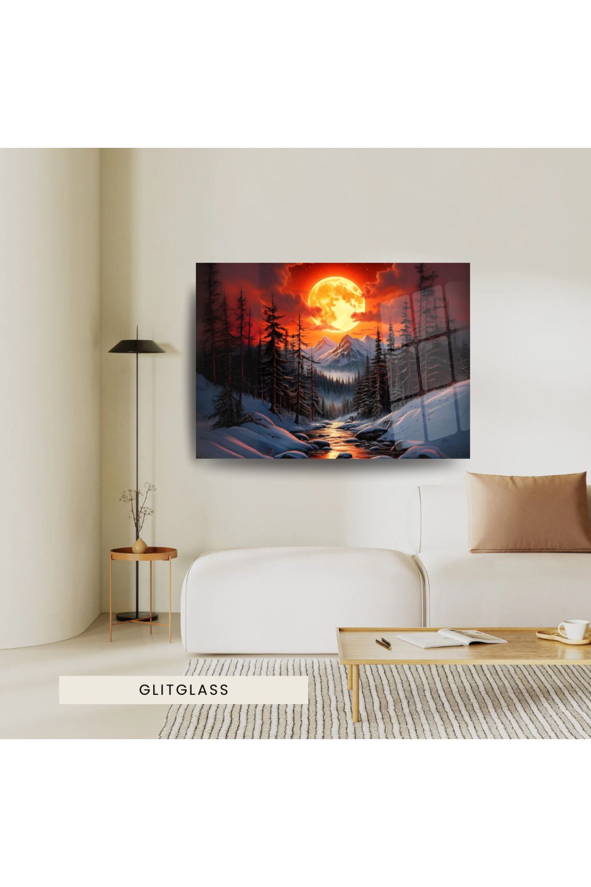 Glit Glass Dolunay ve Dağ Manzarası Cam Tablo Şıklığı