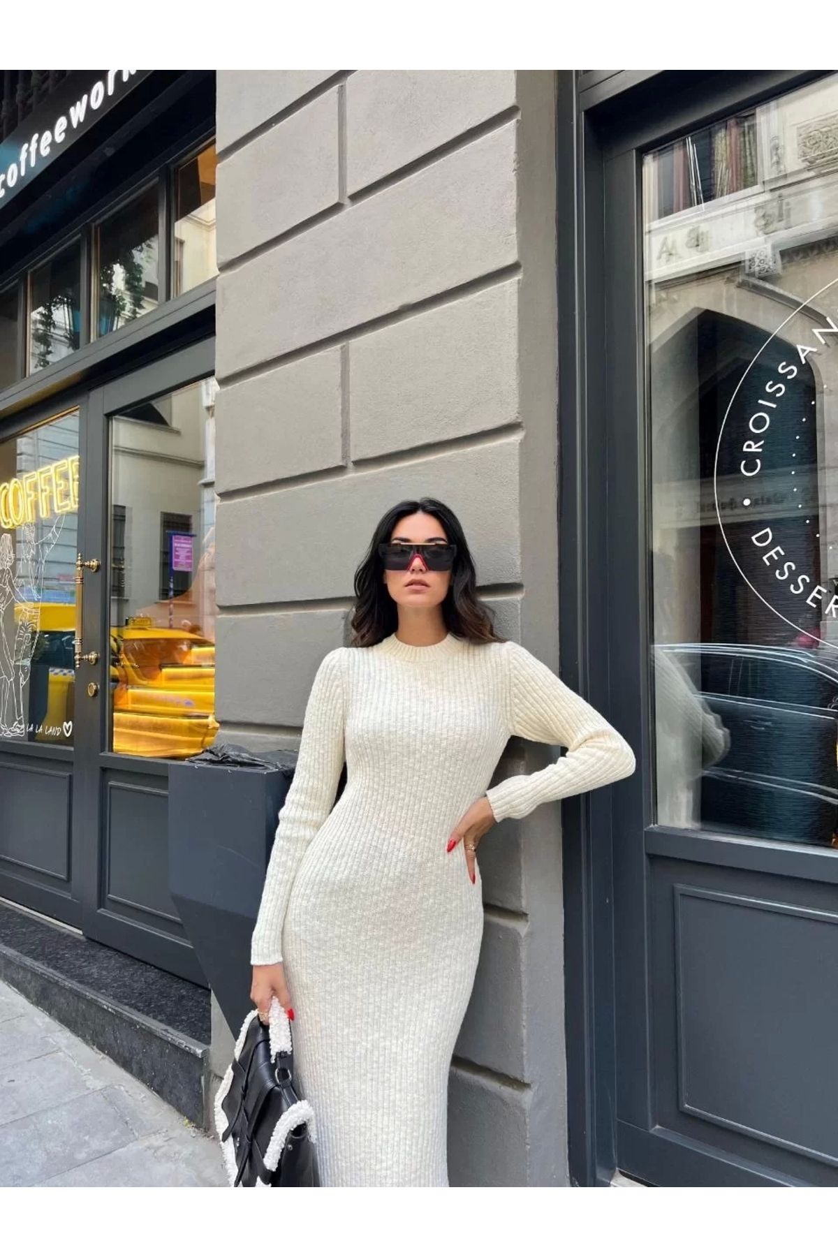 MODA Bisiklet Yaka Fitilli Uzun Elbise - Beyaz
