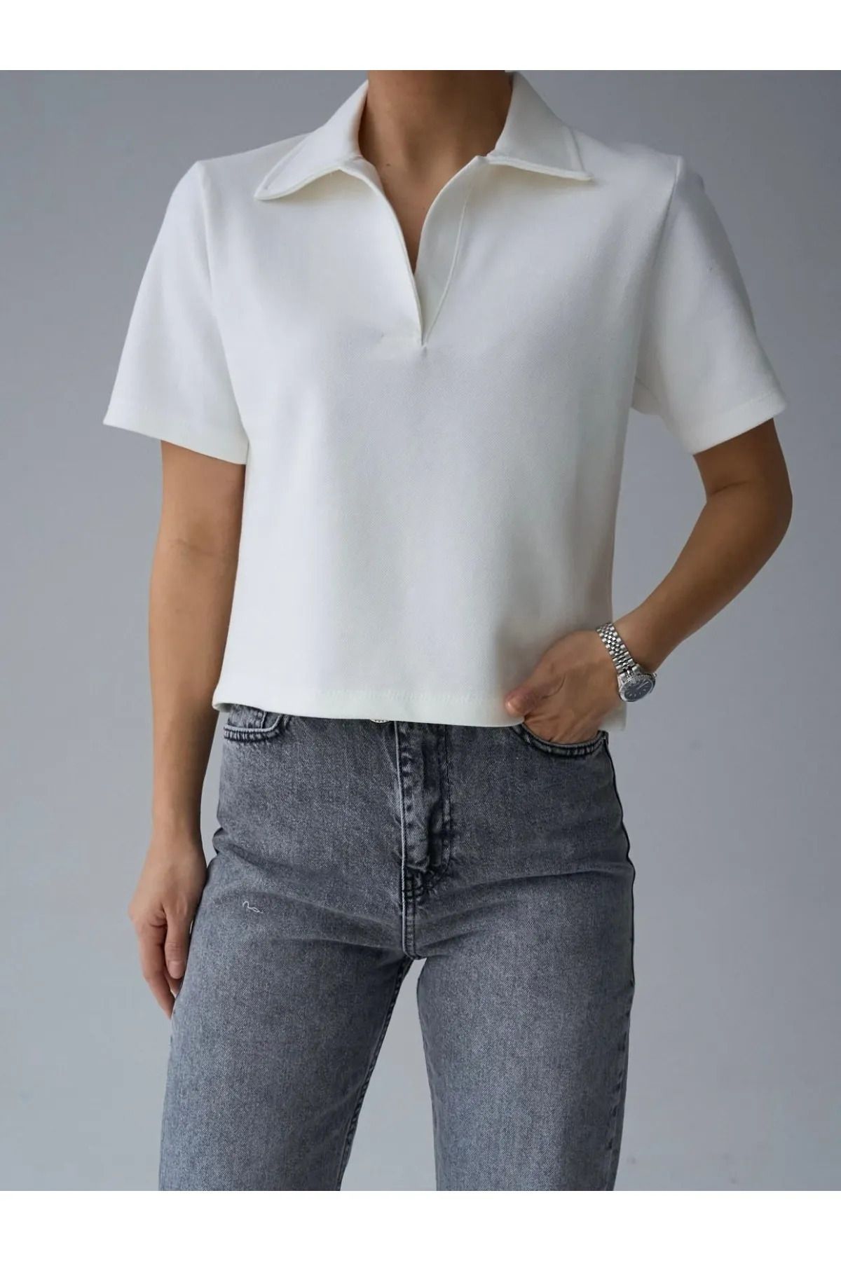 bysedaortac Kadın Örme Kumaş Polo Yaka Düğmesiz Polo Yaka Kısa T-Shirt