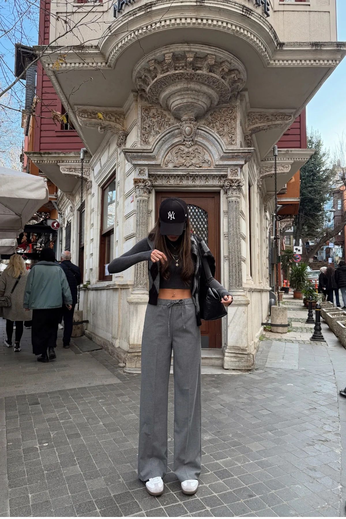 bysedaortac Kadın Lastikli Bağcıklı Gri Palazzo Pantolon