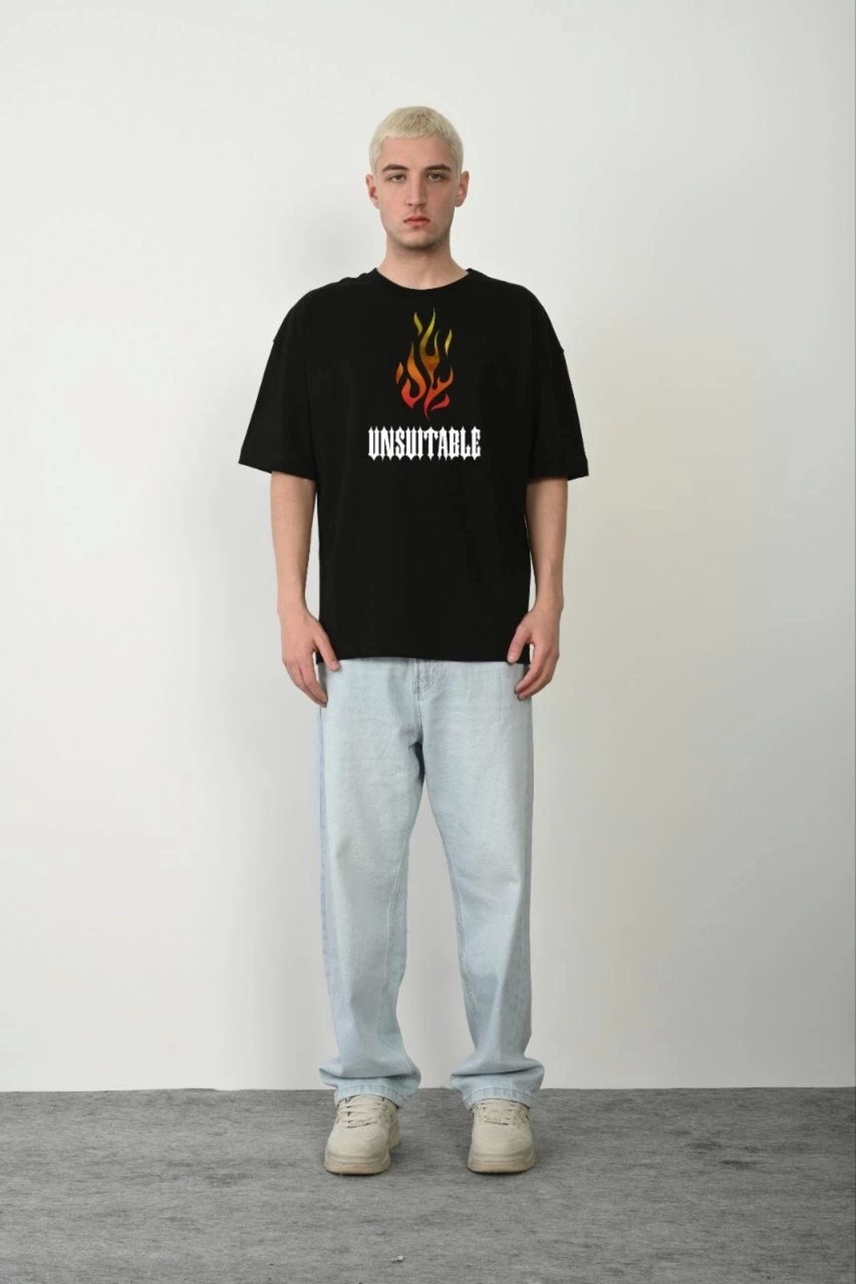 MODA Unisex Bisiklet Yaka Baskılı Oversize T-Shirt - Siyah
