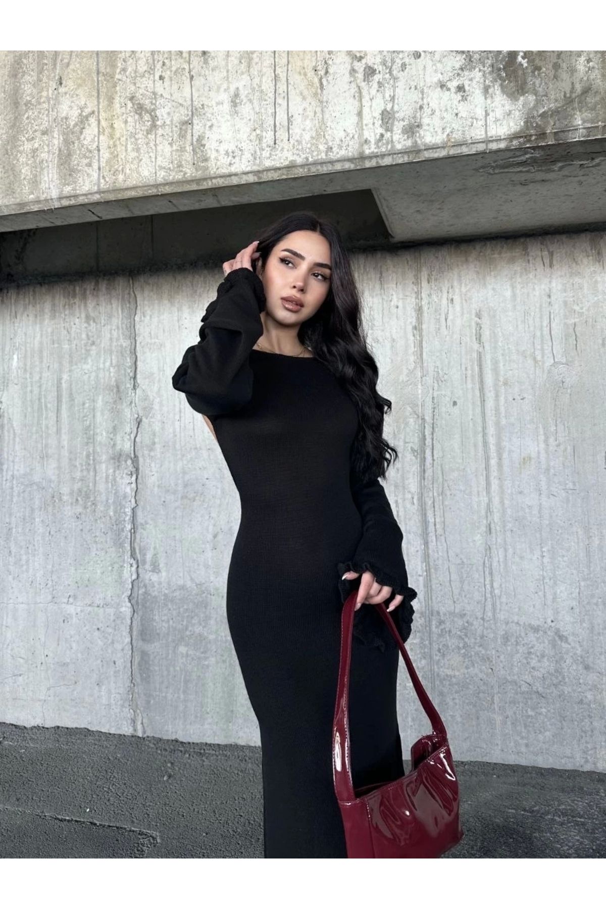MODA Acık Sırt Detaylı Maxi Uzun Boy Elbise- Siyah