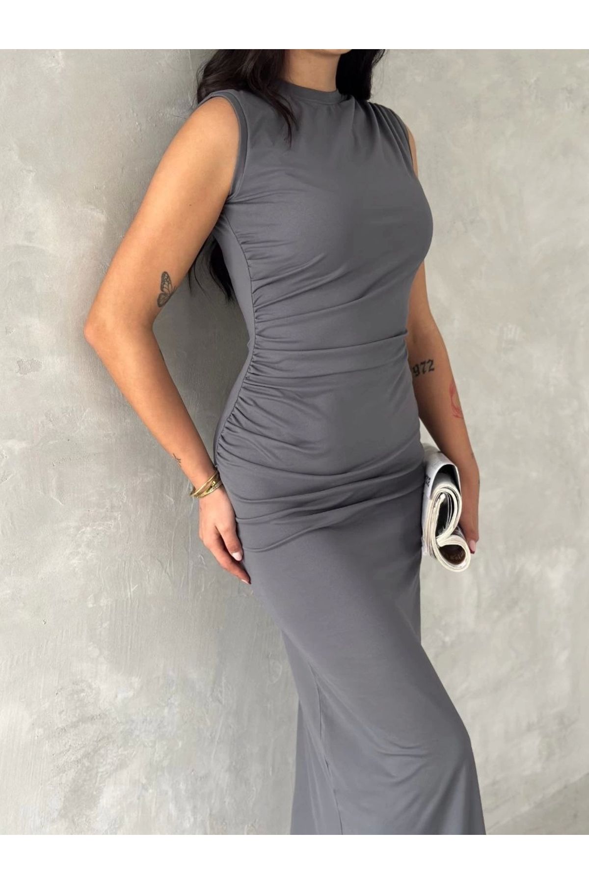 MODA Kolsuz Yırtmaçlı Uzun maxı boy Elbise - Gri