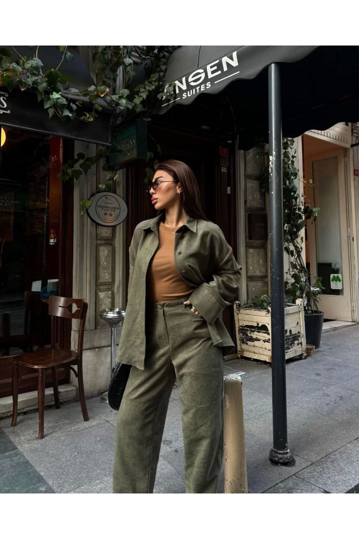 MODA Süet Gömlek Palazzo Pantolon İkili Takım - Haki