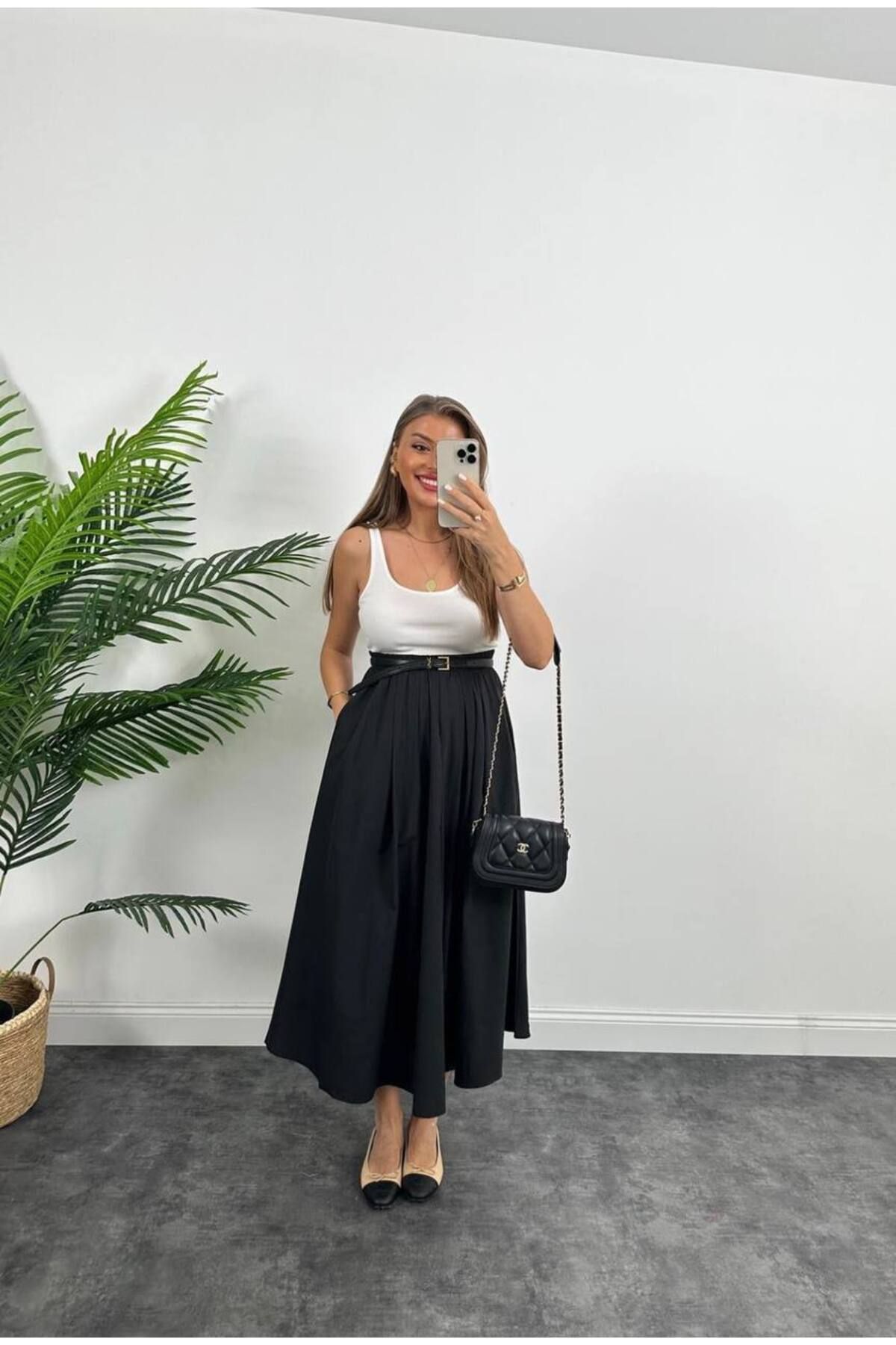 bm bessomoda fashion boutique Kadın Cepli Beli Lastikli Poplin Kloş Uzun Etek