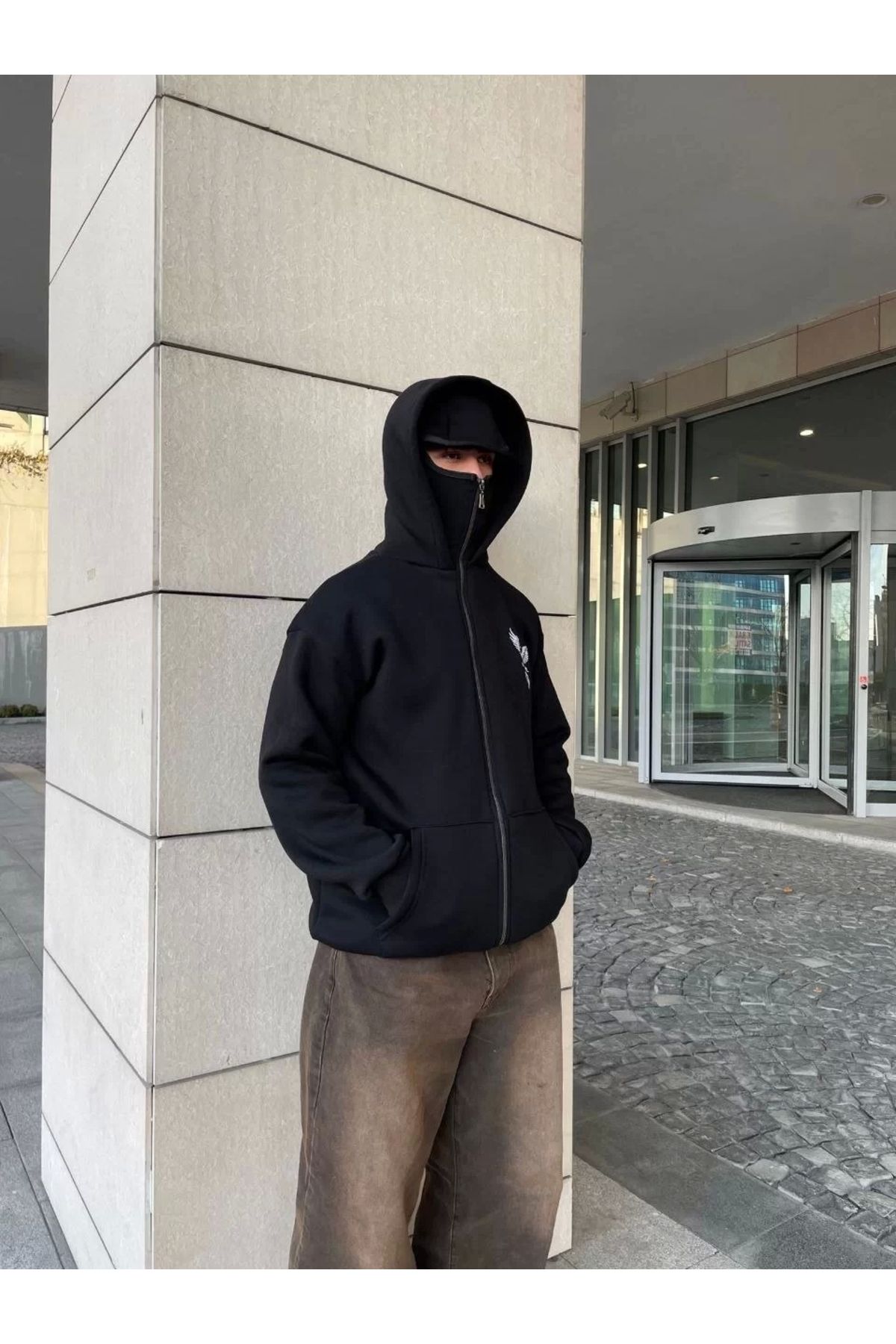 MODA Ninja Çift Kapüşonlu Full Fermuarlı Nakışlı Hoodie - Siyah